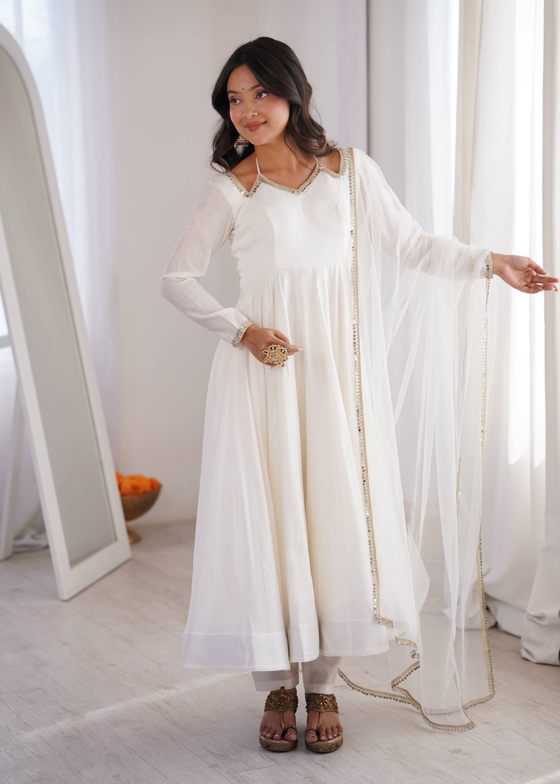 White Designer Anarkali Gown Set | Nardev Fashion