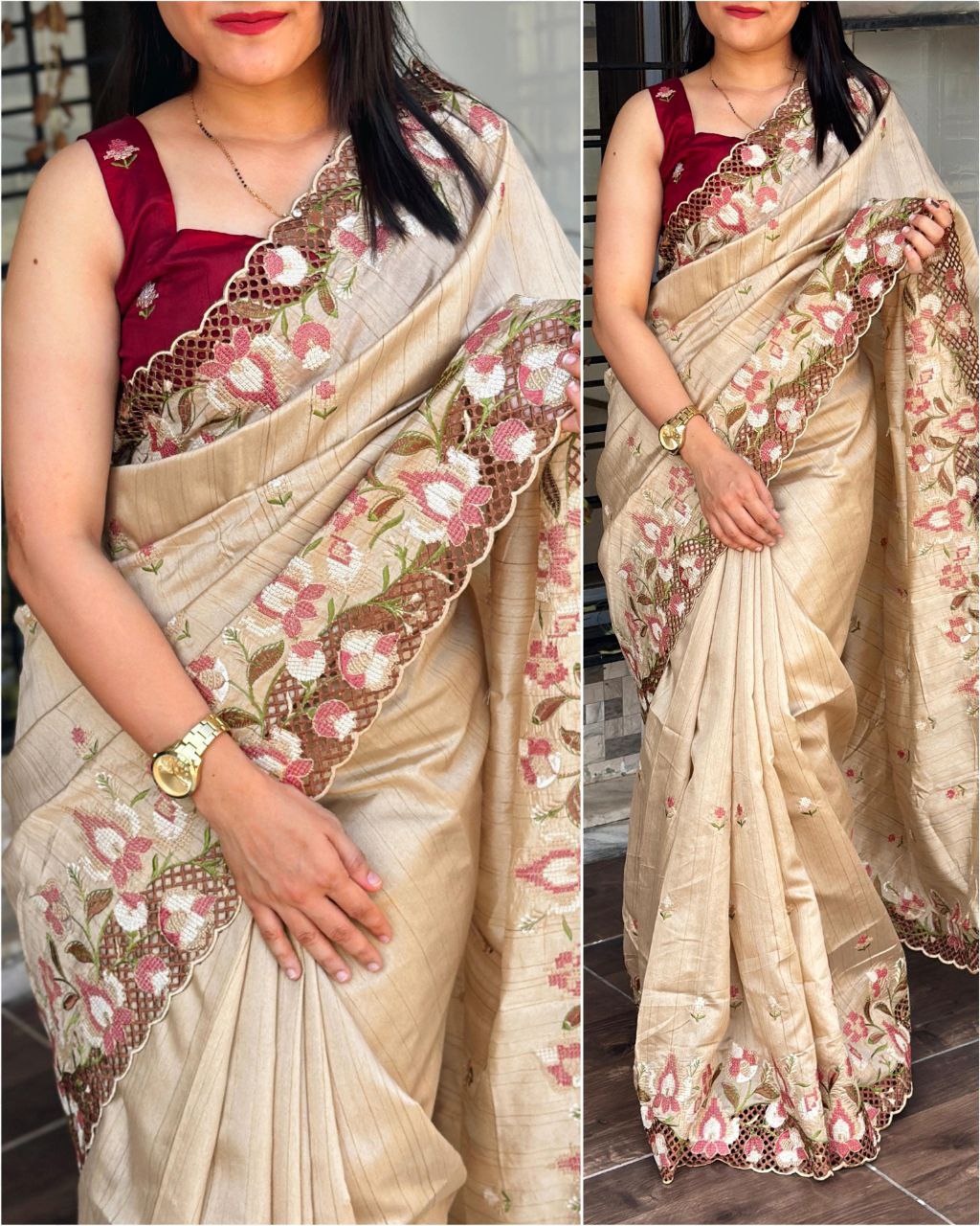 Beige Golden Visca Slub Silk Saree with Floral Cutwork Embroidery & Maroon Blouse
