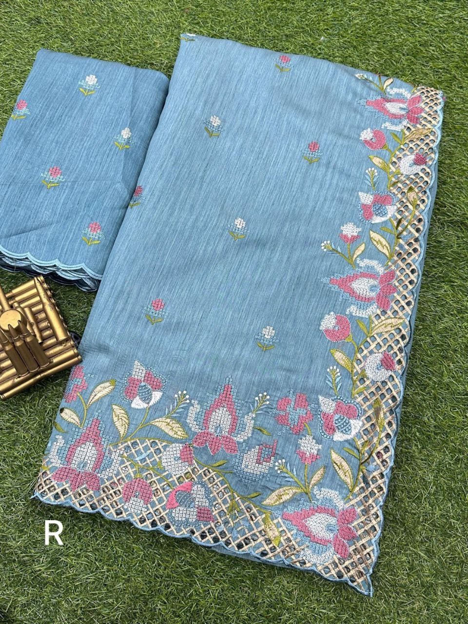 Sky Blue Visca Slub Silk Saree with Floral Cutwork Embroidery & Matching Blouse