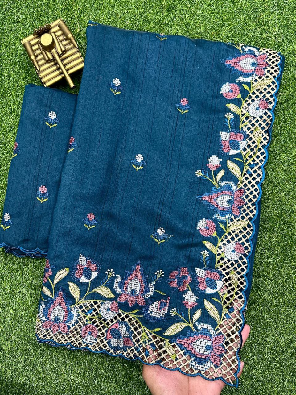 Teal Blue Visca Slub Silk Saree with Floral Cutwork Embroidery & Matching Blouse