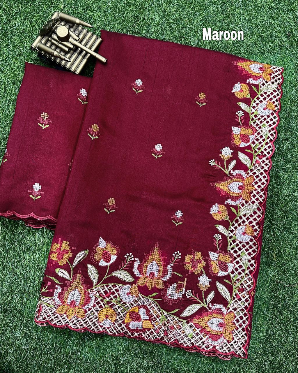 Maroon Visca Slub Silk Saree with Floral Cutwork Embroidery & Matching Blouse