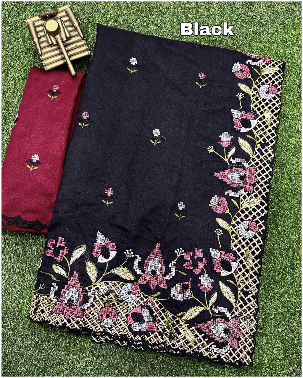 Black Visca Slub Silk Saree with Floral Cutwork Embroidery & Maroon Blouse