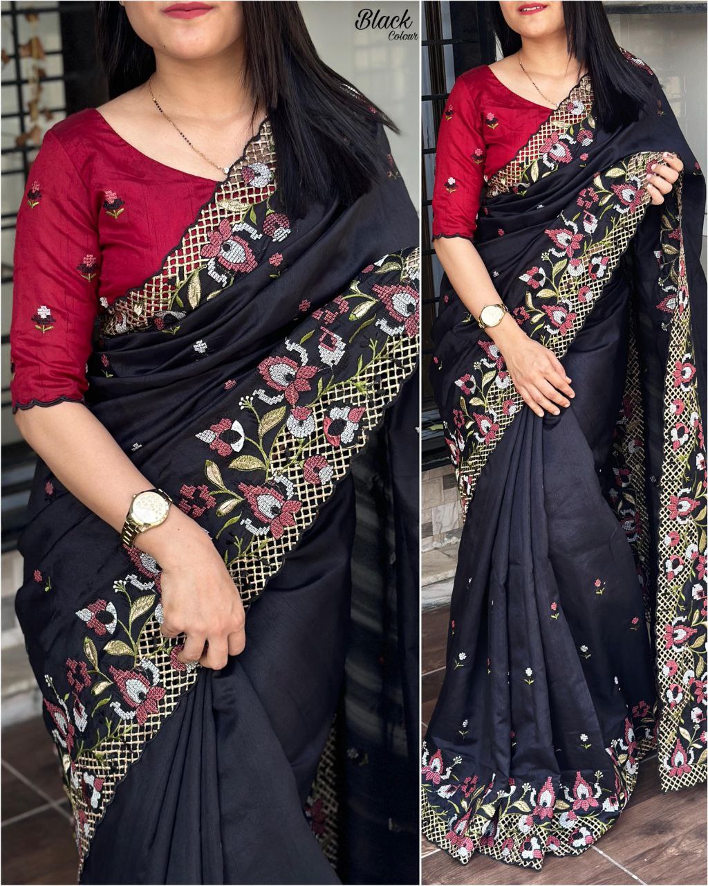 Black Visca Slub Silk Saree with Floral Cutwork Embroidery & Maroon Blouse