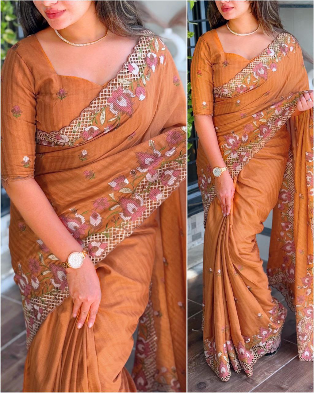 Mustard Brown Visca Slub Silk Saree with Floral Cutwork Embroidery & Matching Blouse