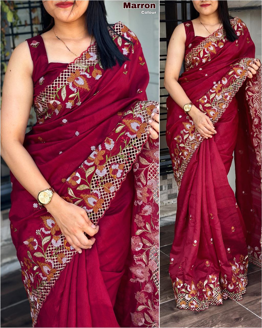 Maroon Visca Slub Silk Saree with Floral Cutwork Embroidery & Matching Blouse