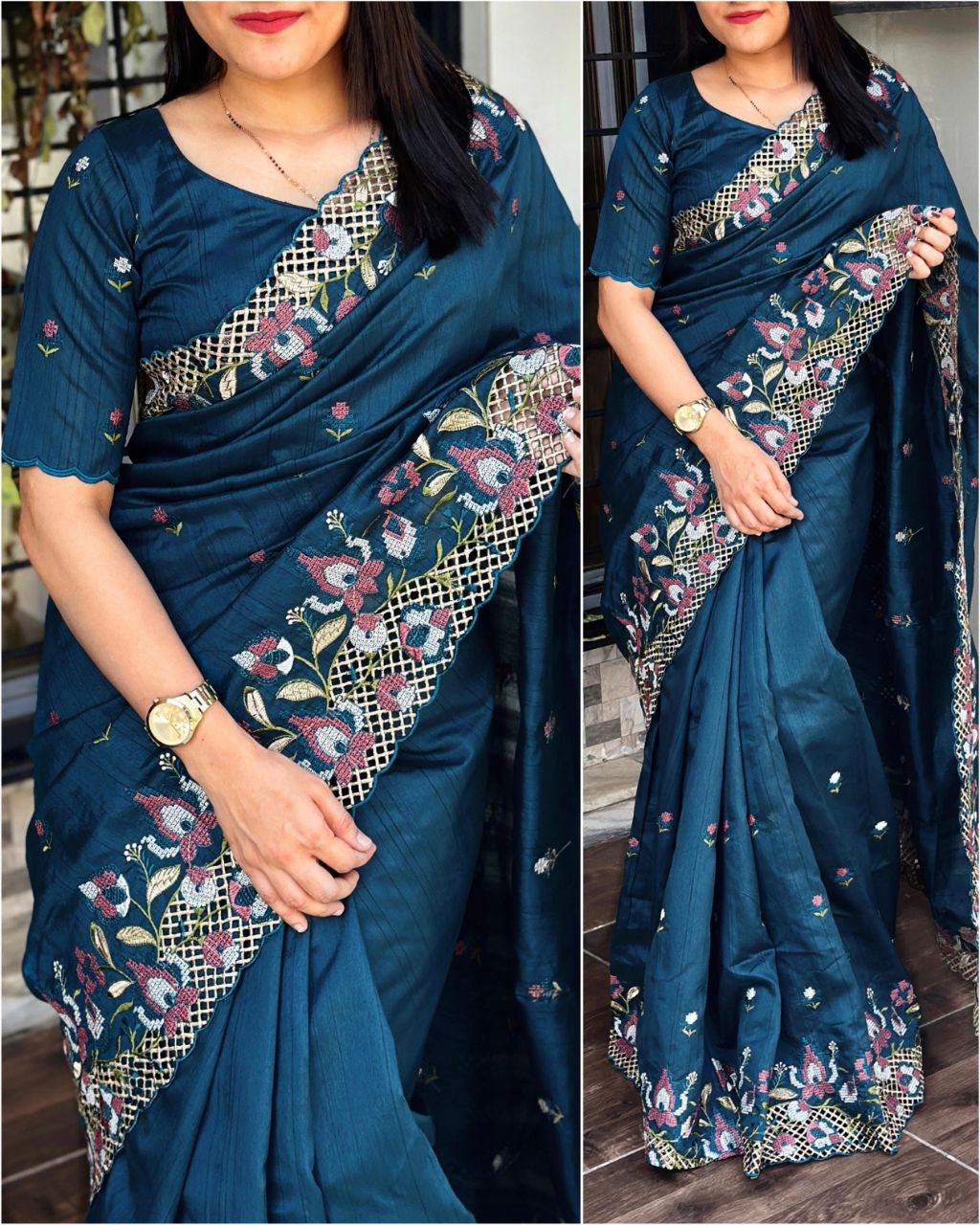 Teal Blue Visca Slub Silk Saree with Floral Cutwork Embroidery & Matching Blouse