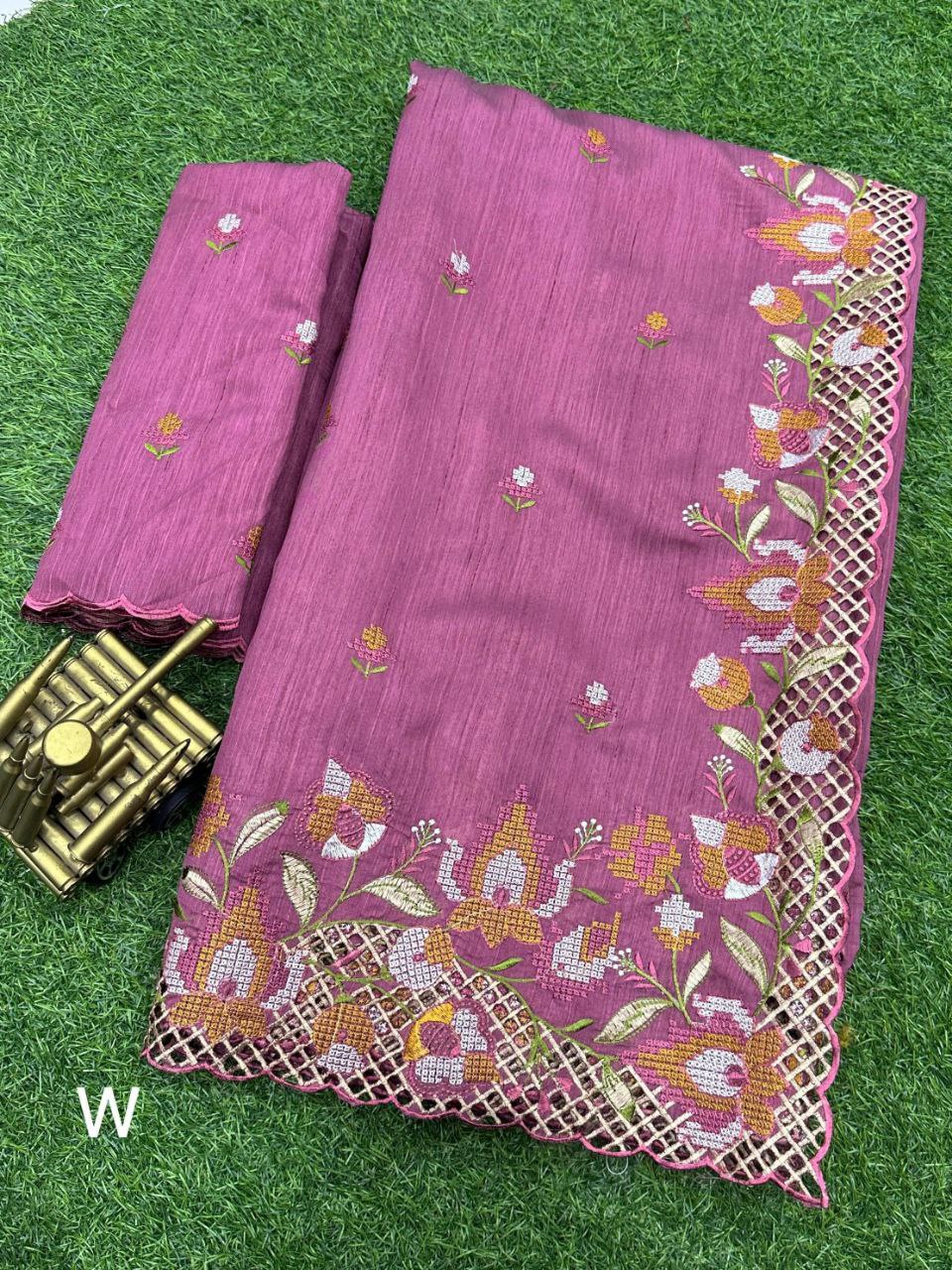 Mauve Pink Visca Slub Silk Saree with Floral Cutwork Embroidery & Matching Blouse