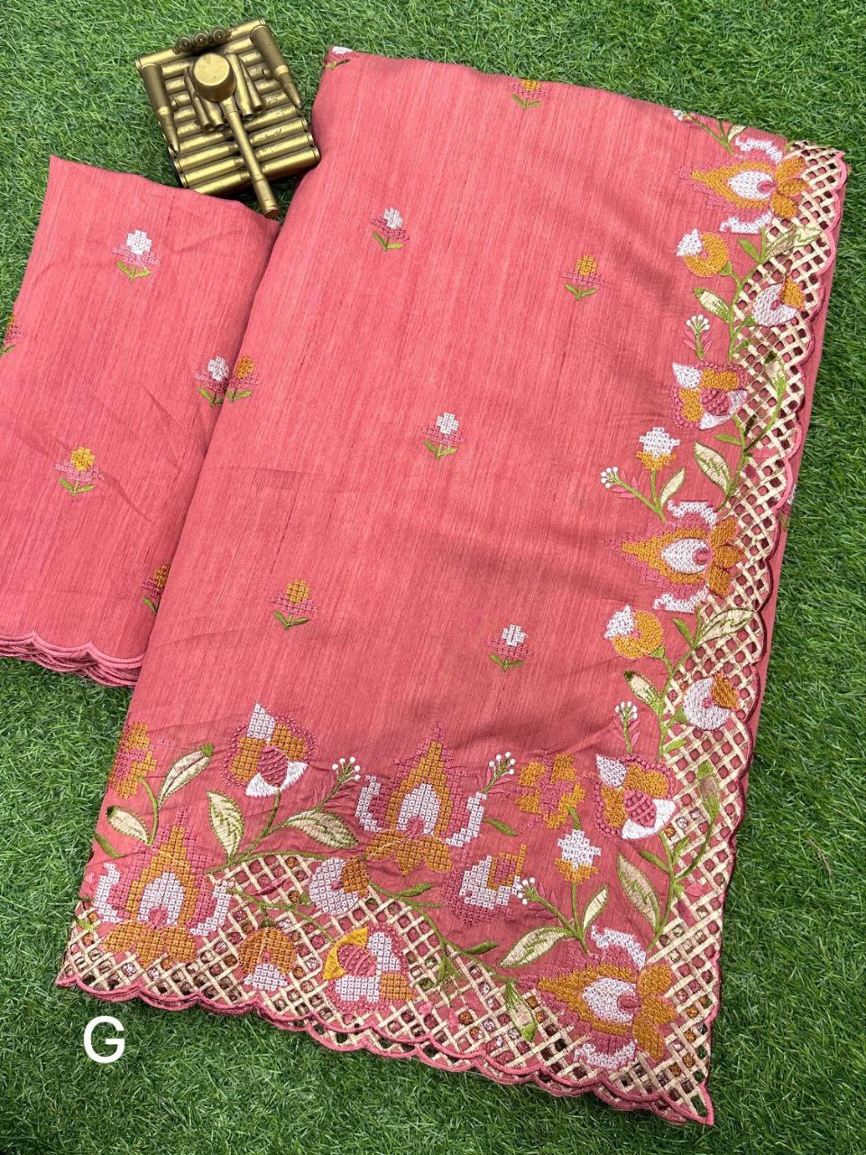 Coral Pink Visca Slub Silk Saree with Floral Cutwork Embroidery & Matching Blouse