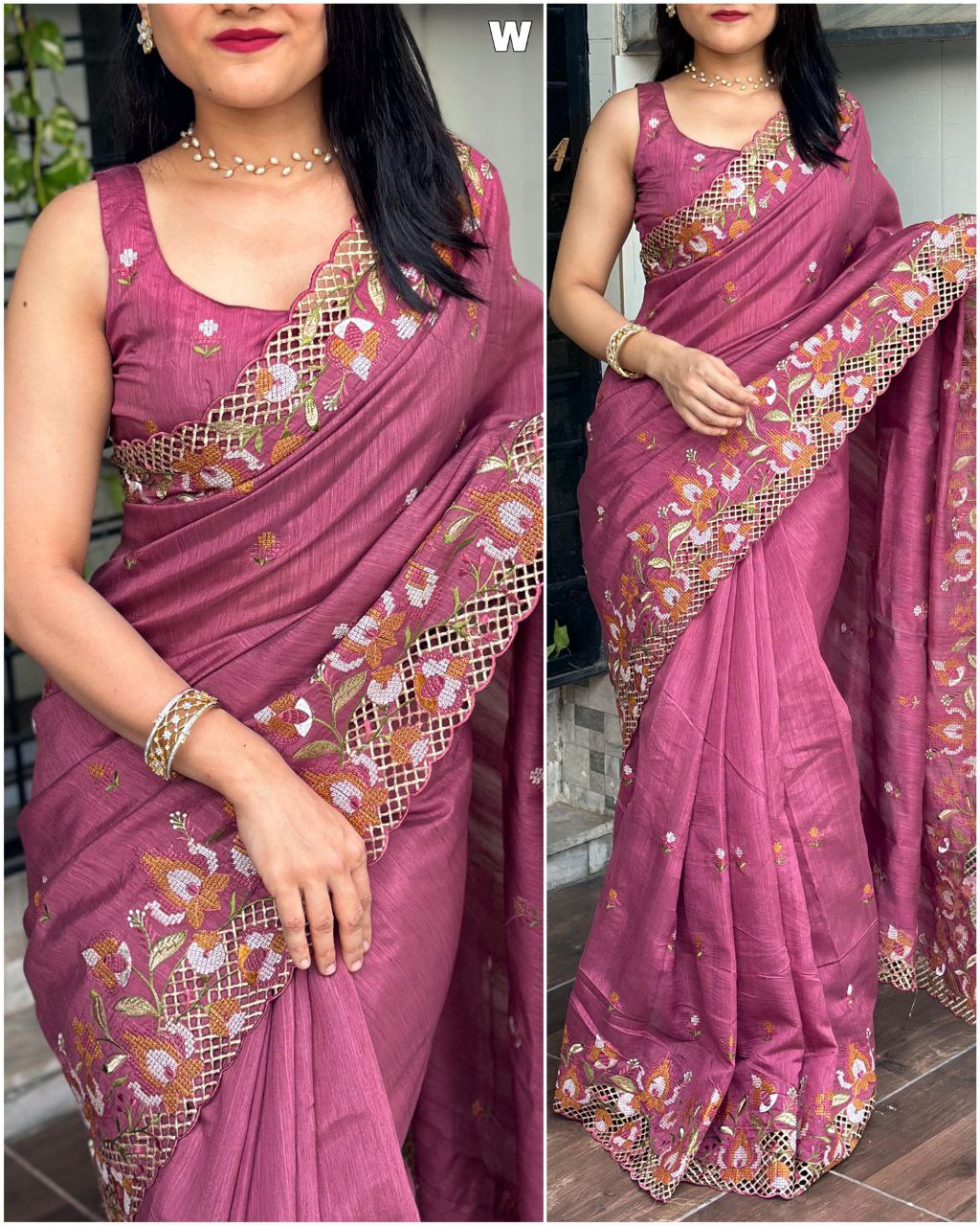 Mauve Pink Visca Slub Silk Saree with Floral Cutwork Embroidery & Matching Blouse