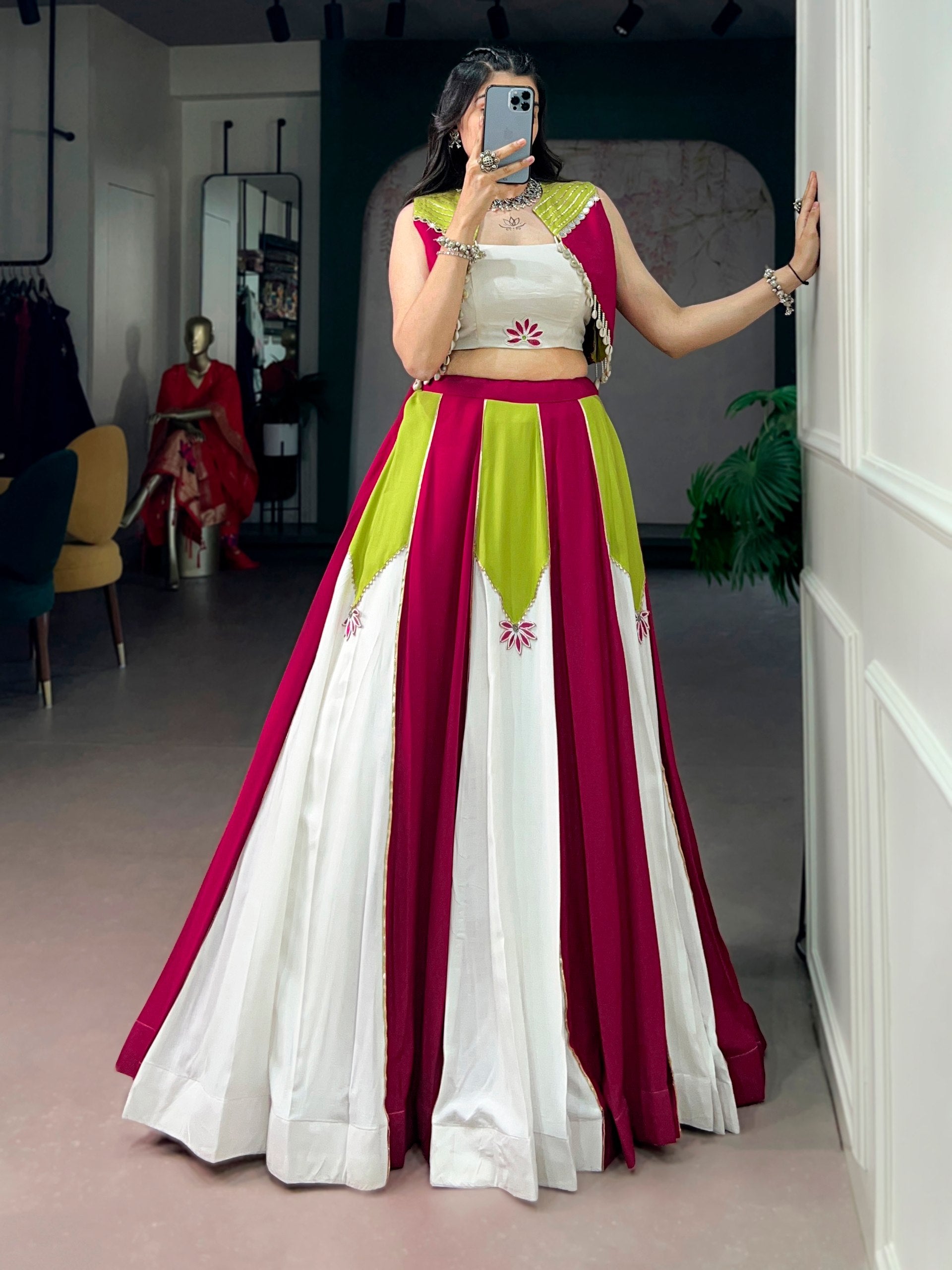 Magenta, Lime Green & Ivory Contrast Panel Navratri Lehenga Choli with Koti | Gota Patti Collection 2026