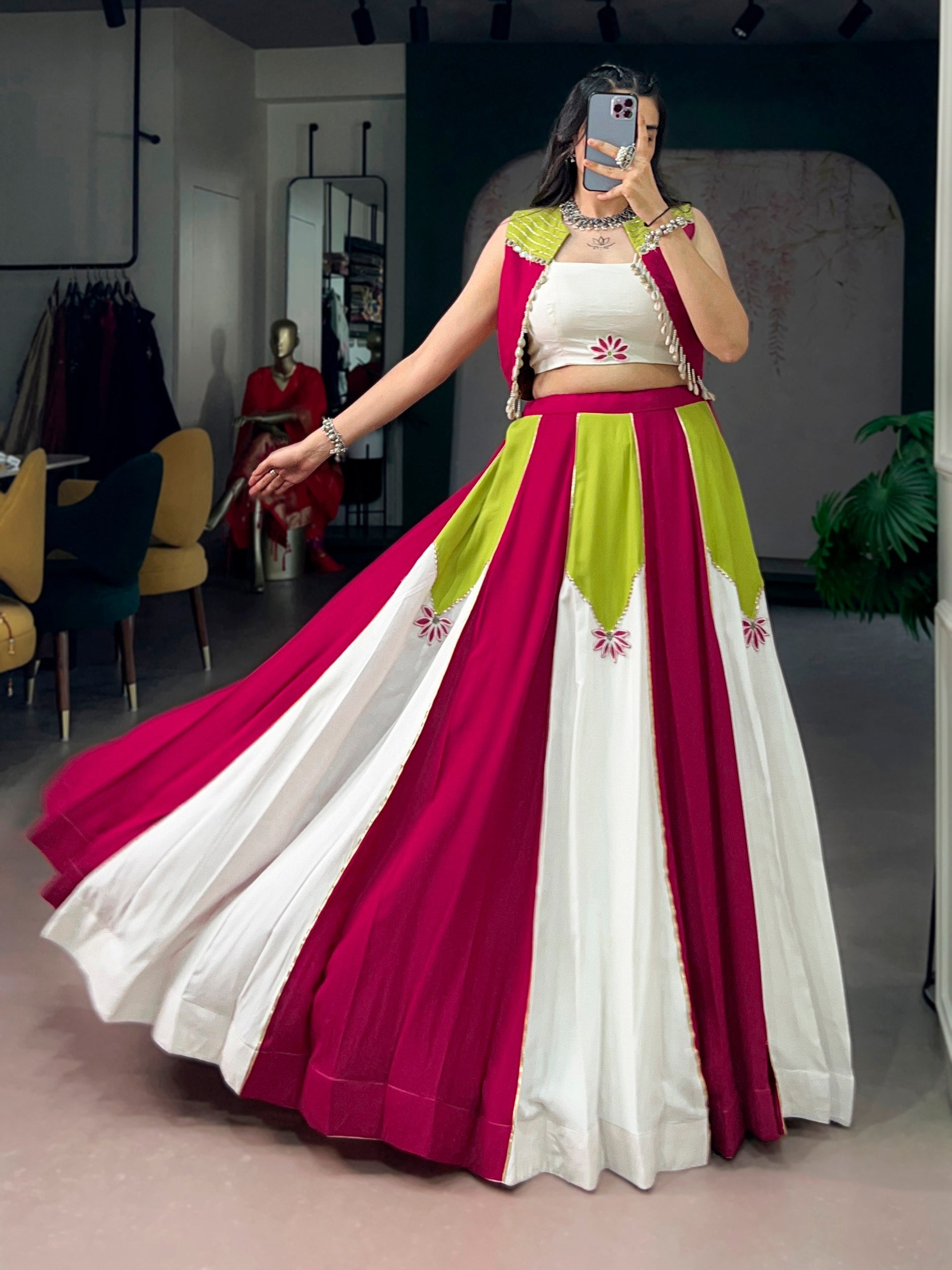Magenta, Lime Green & Ivory Contrast Panel Navratri Lehenga Choli with Koti | Gota Patti Collection 2026