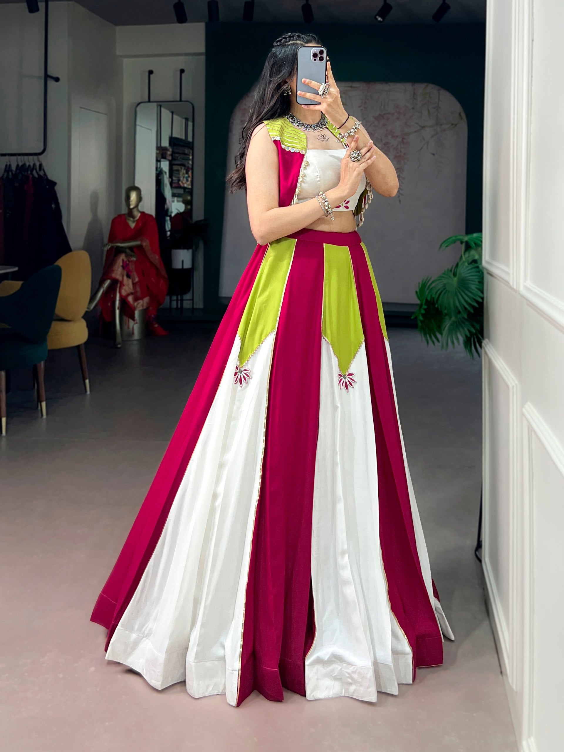 Magenta, Lime Green & Ivory Contrast Panel Navratri Lehenga Choli with Koti | Gota Patti Collection 2026