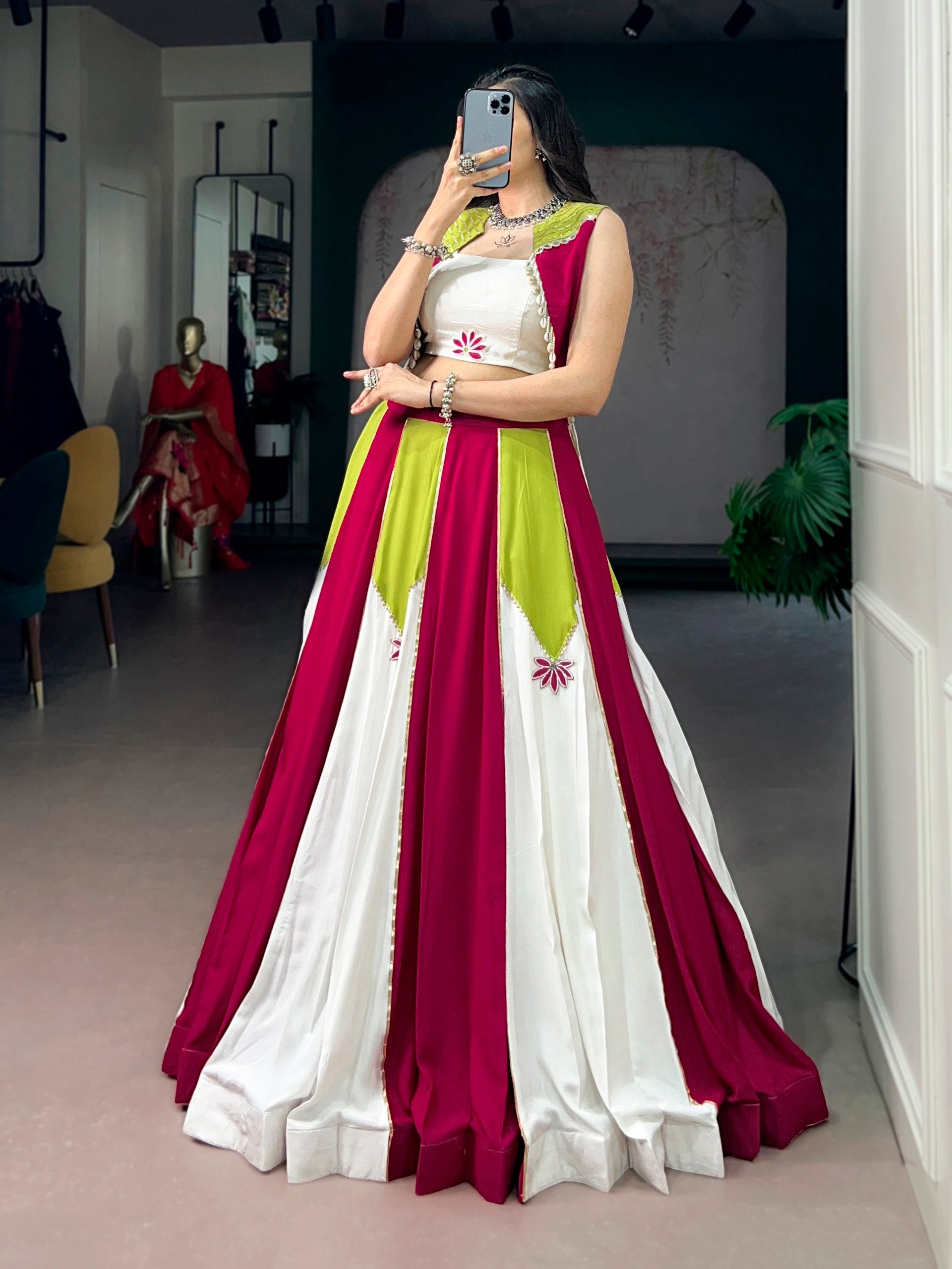 Magenta, Lime Green & Ivory Contrast Panel Navratri Lehenga Choli with Koti | Gota Patti Collection 2026