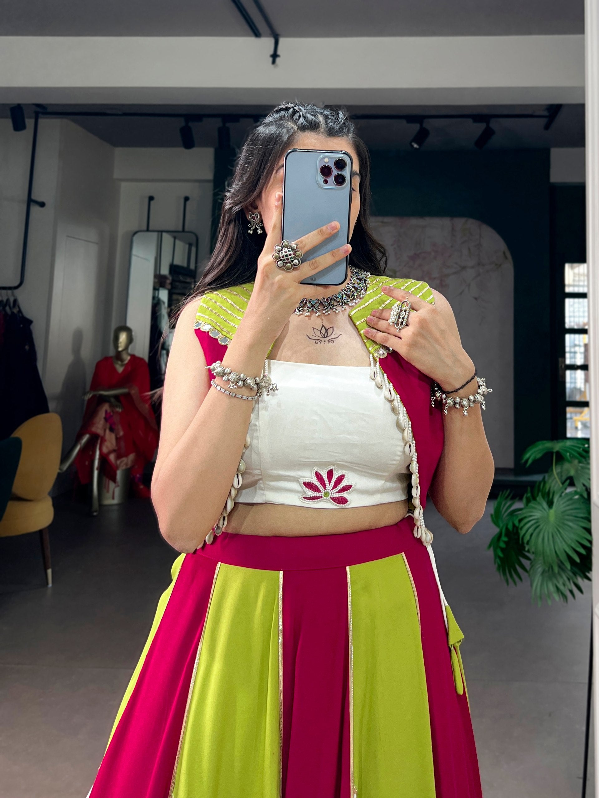 Magenta, Lime Green & Ivory Contrast Panel Navratri Lehenga Choli with Koti | Gota Patti Collection 2026