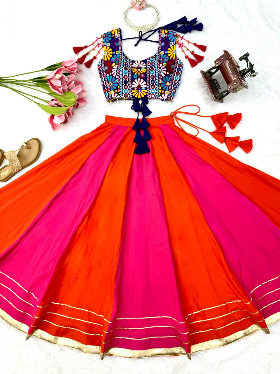Hot Pink & Orange Multicolor Gota Patti Designer Lehenga Choli