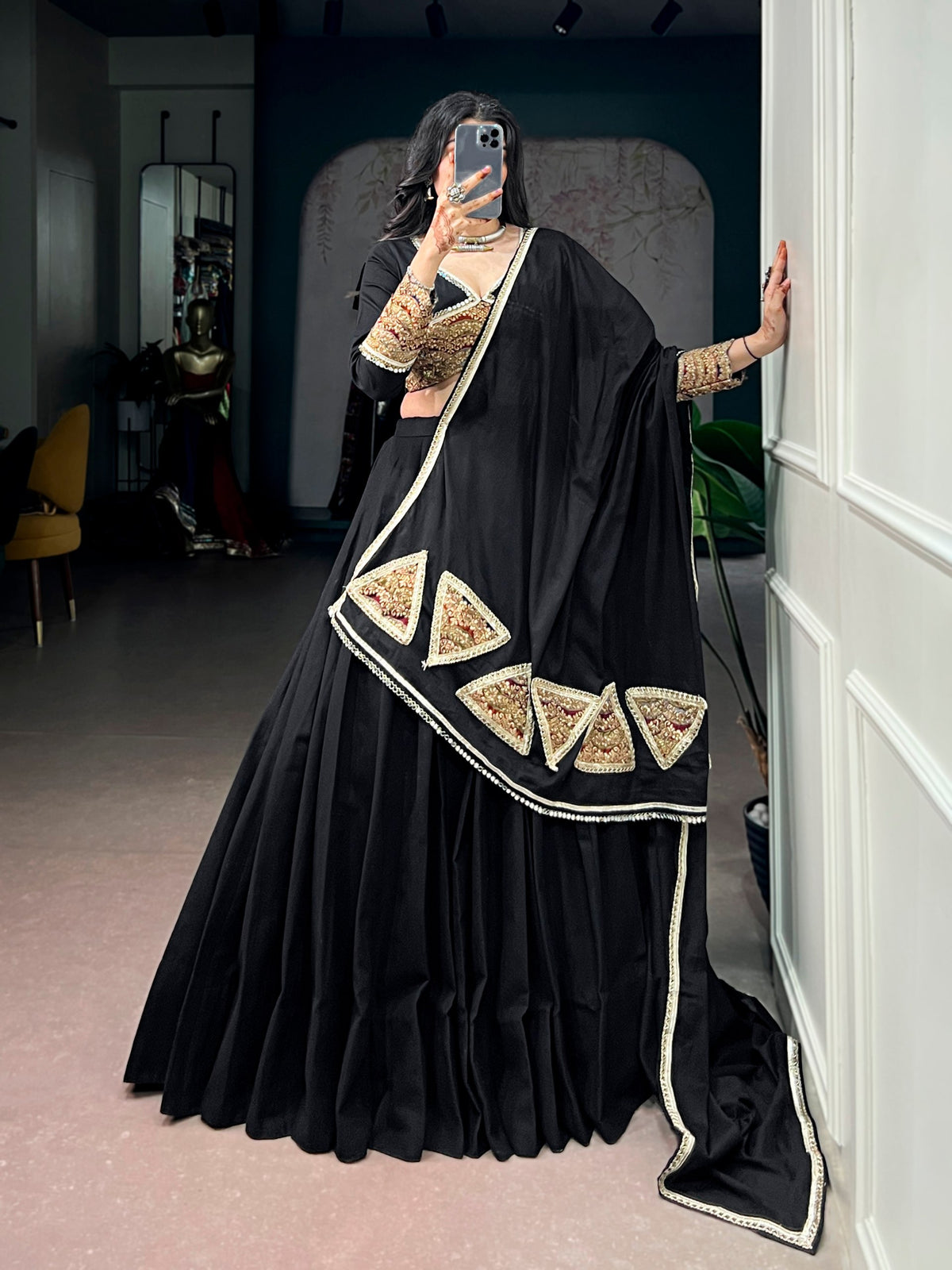 Classic Black Khadi Cotton Embroidered Mirror Work Lehenga Set
