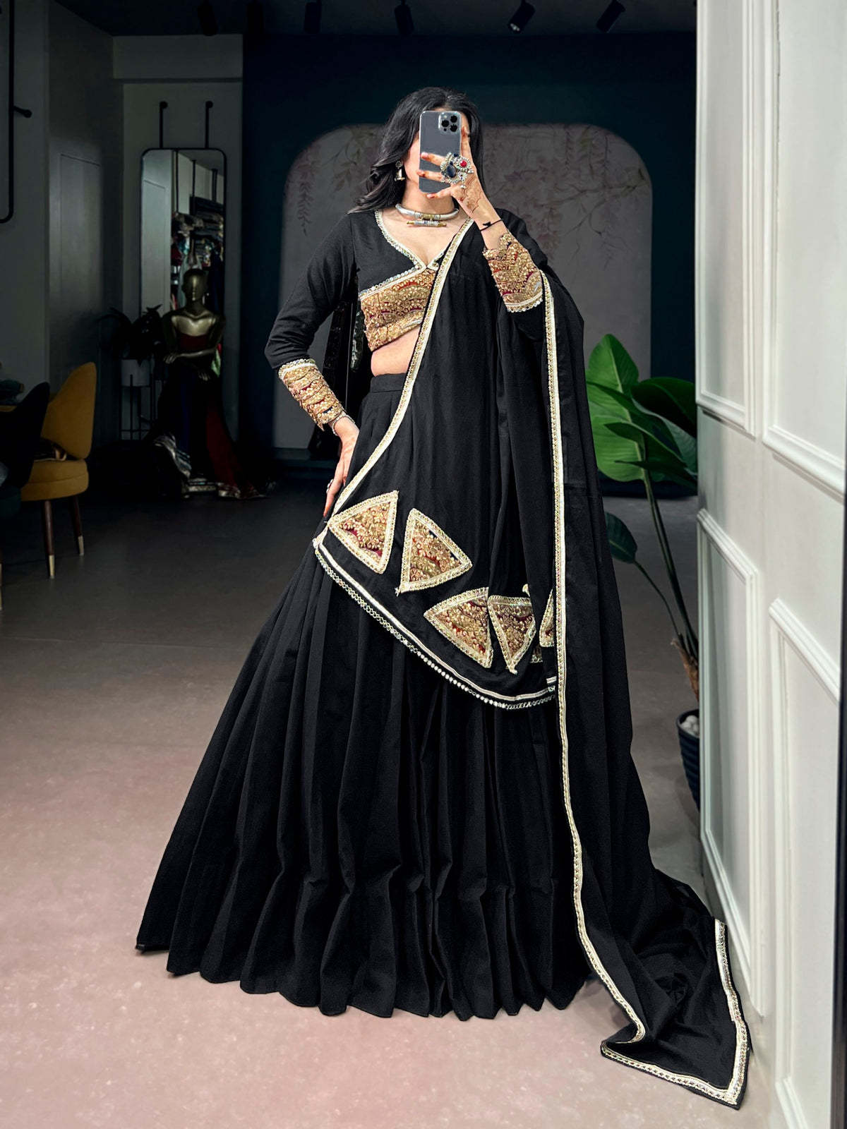 Classic Black Khadi Cotton Embroidered Mirror Work Lehenga Set