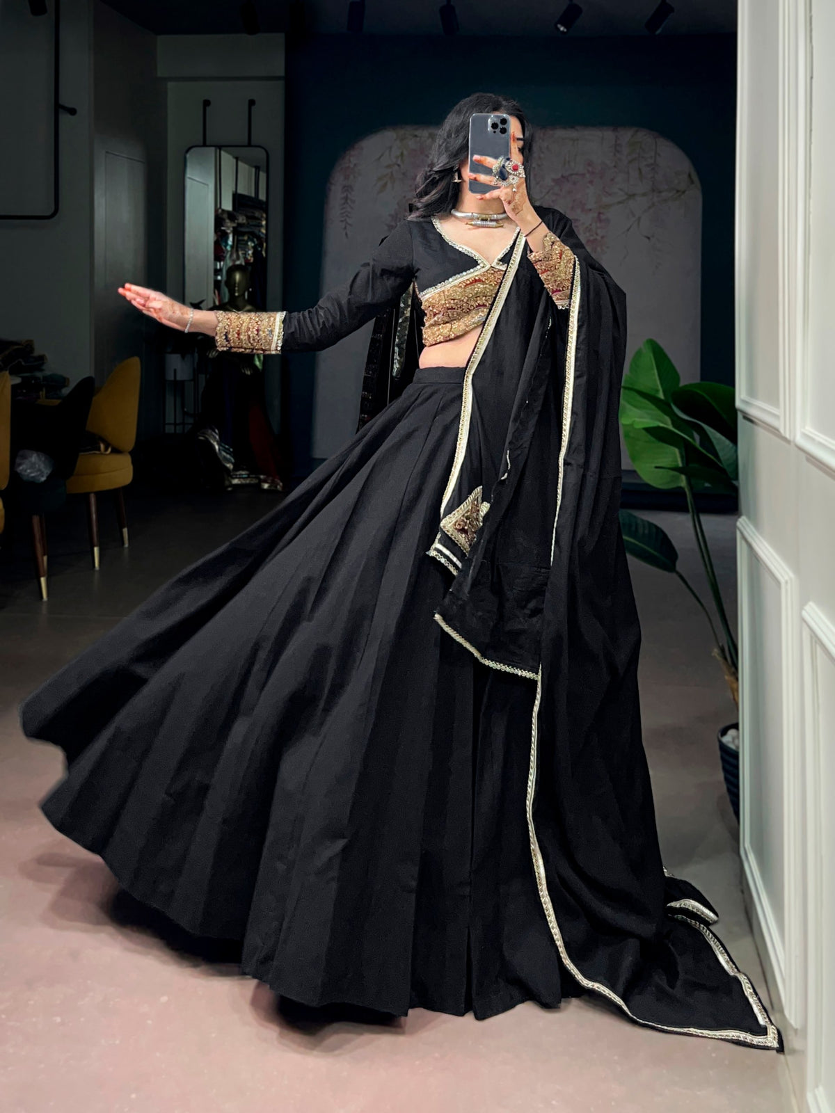 Classic Black Khadi Cotton Embroidered Mirror Work Lehenga Set