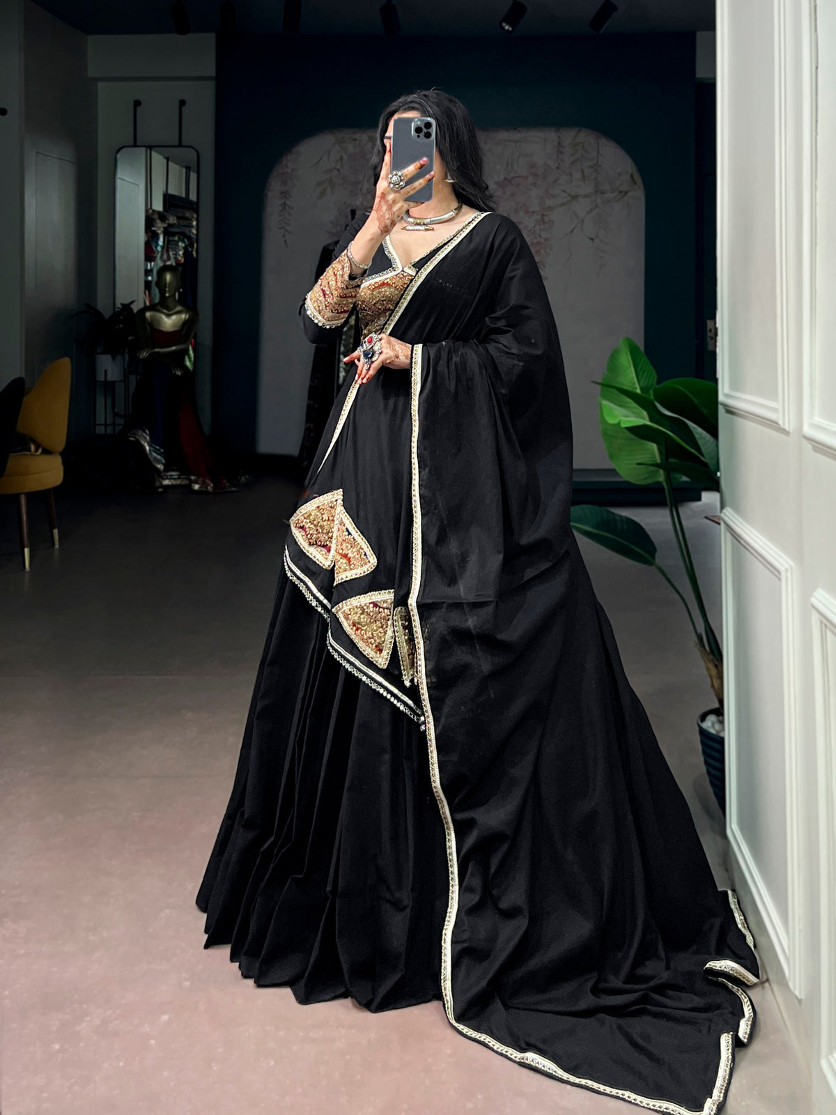 Classic Black Khadi Cotton Embroidered Mirror Work Lehenga Set