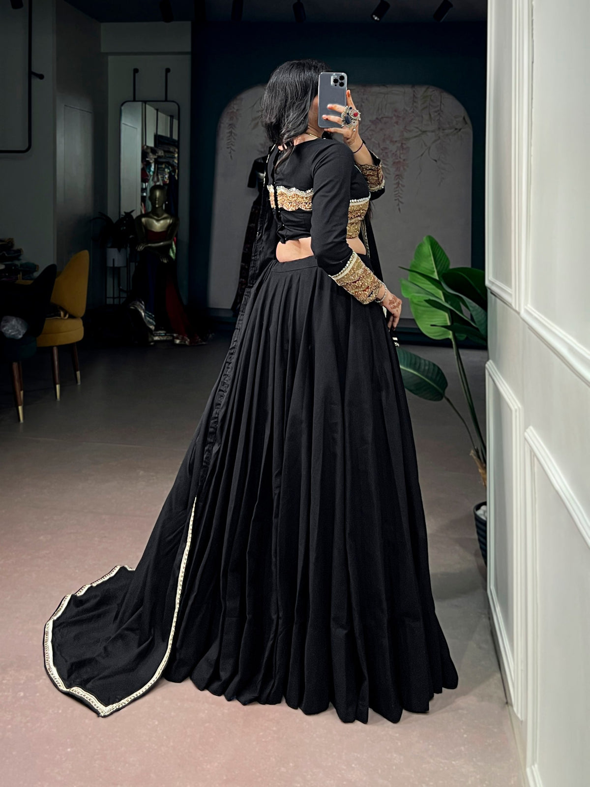 Classic Black Khadi Cotton Embroidered Mirror Work Lehenga Set