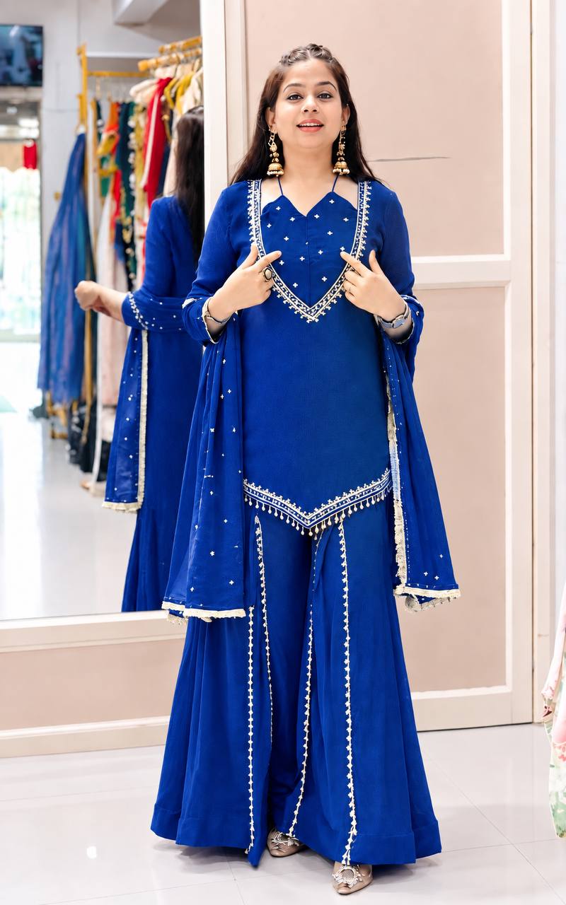 Royal Blue Roman Glass Mirror Work Plazzo Suit Set with Chanderi Silk Dupatta
