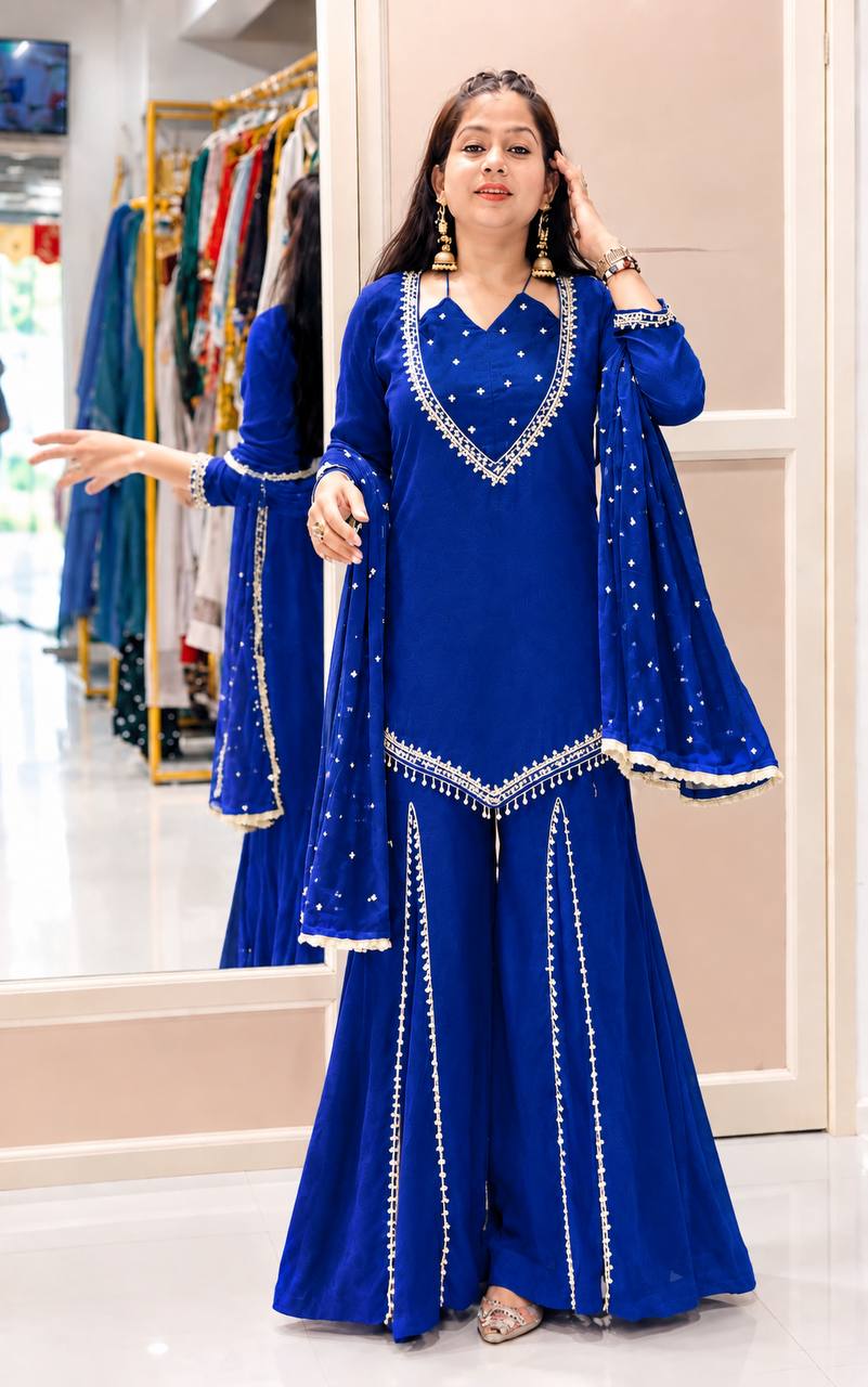 Royal Blue Roman Glass Mirror Work Plazzo Suit Set with Chanderi Silk Dupatta