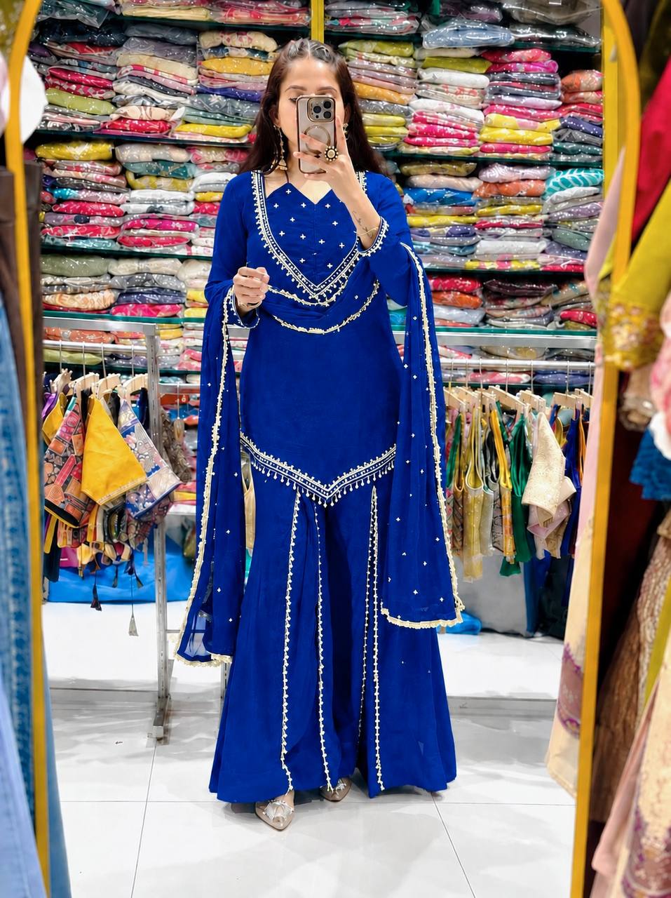 Royal Blue Roman Glass Mirror Work Plazzo Suit Set with Chanderi Silk Dupatta