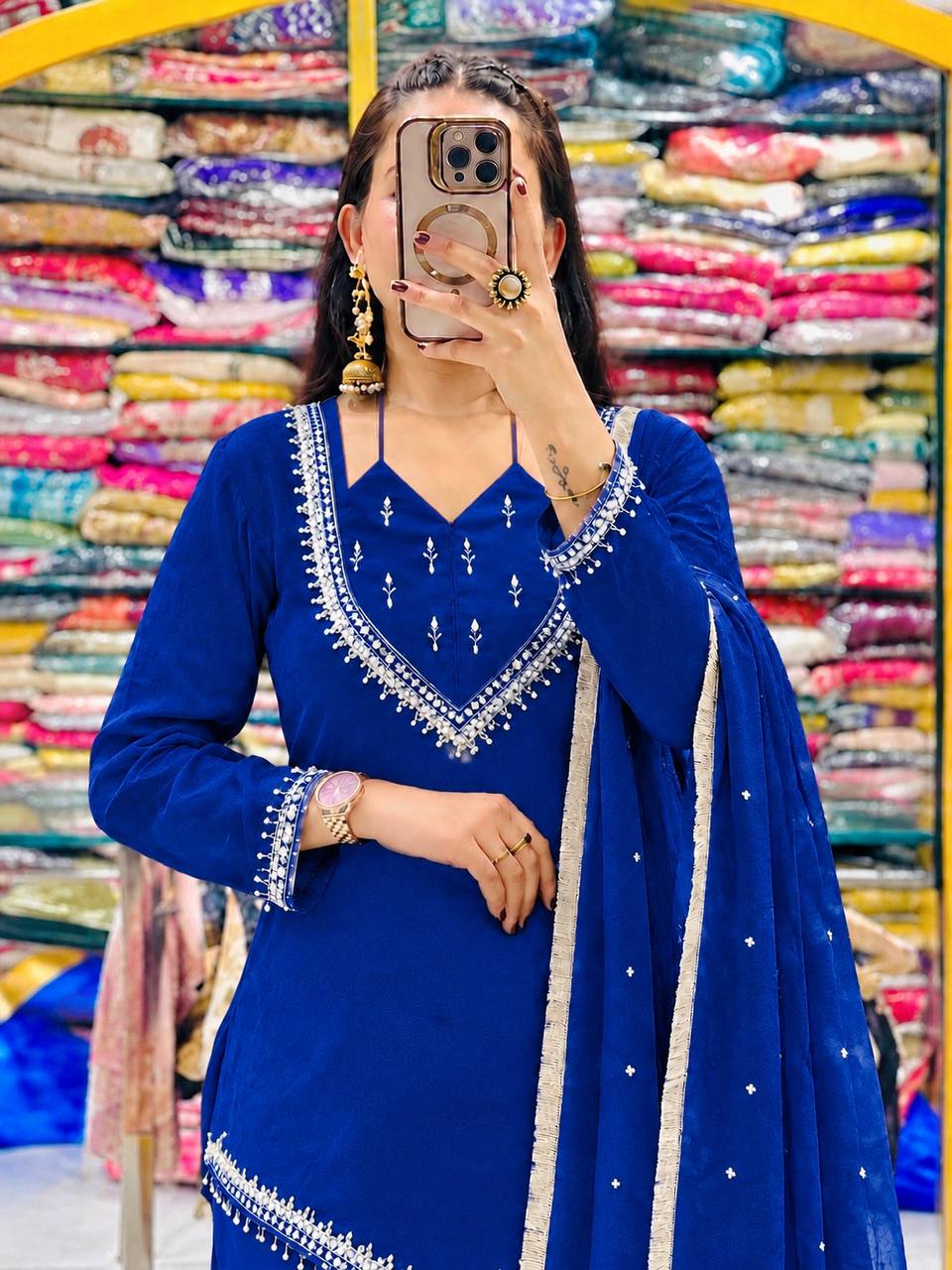 Royal Blue Roman Glass Mirror Work Plazzo Suit Set with Chanderi Silk Dupatta