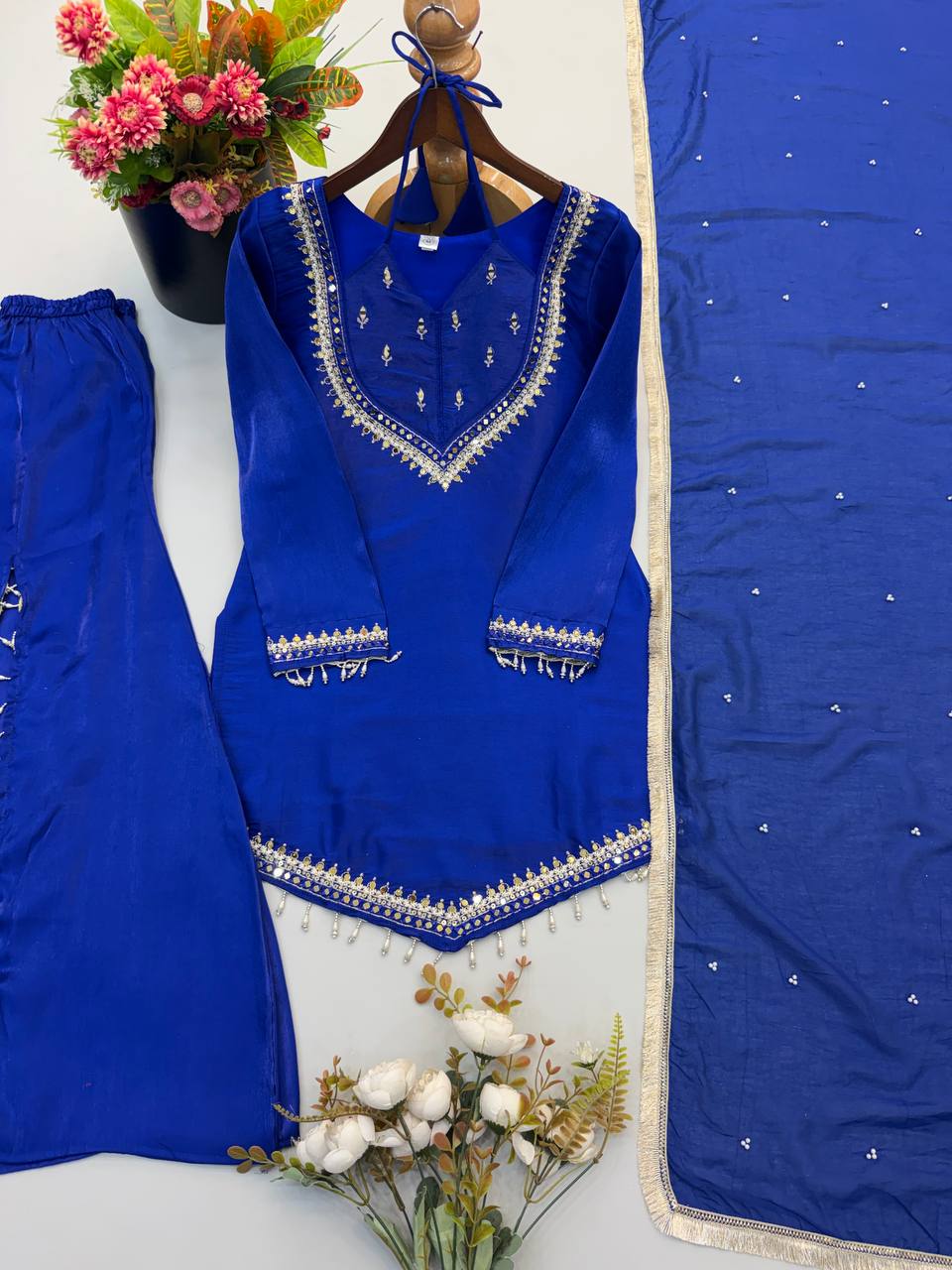 Royal Blue Roman Glass Mirror Work Plazzo Suit Set with Chanderi Silk Dupatta