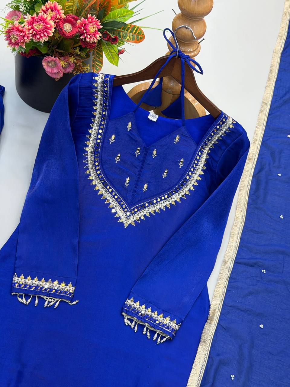 Royal Blue Roman Glass Mirror Work Plazzo Suit Set with Chanderi Silk Dupatta