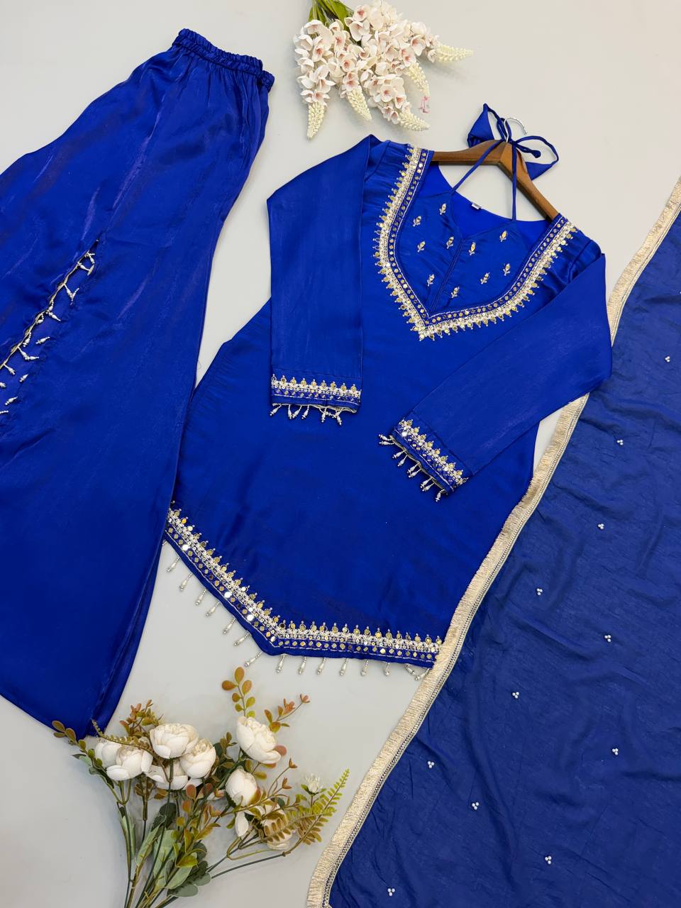 Royal Blue Roman Glass Mirror Work Plazzo Suit Set with Chanderi Silk Dupatta