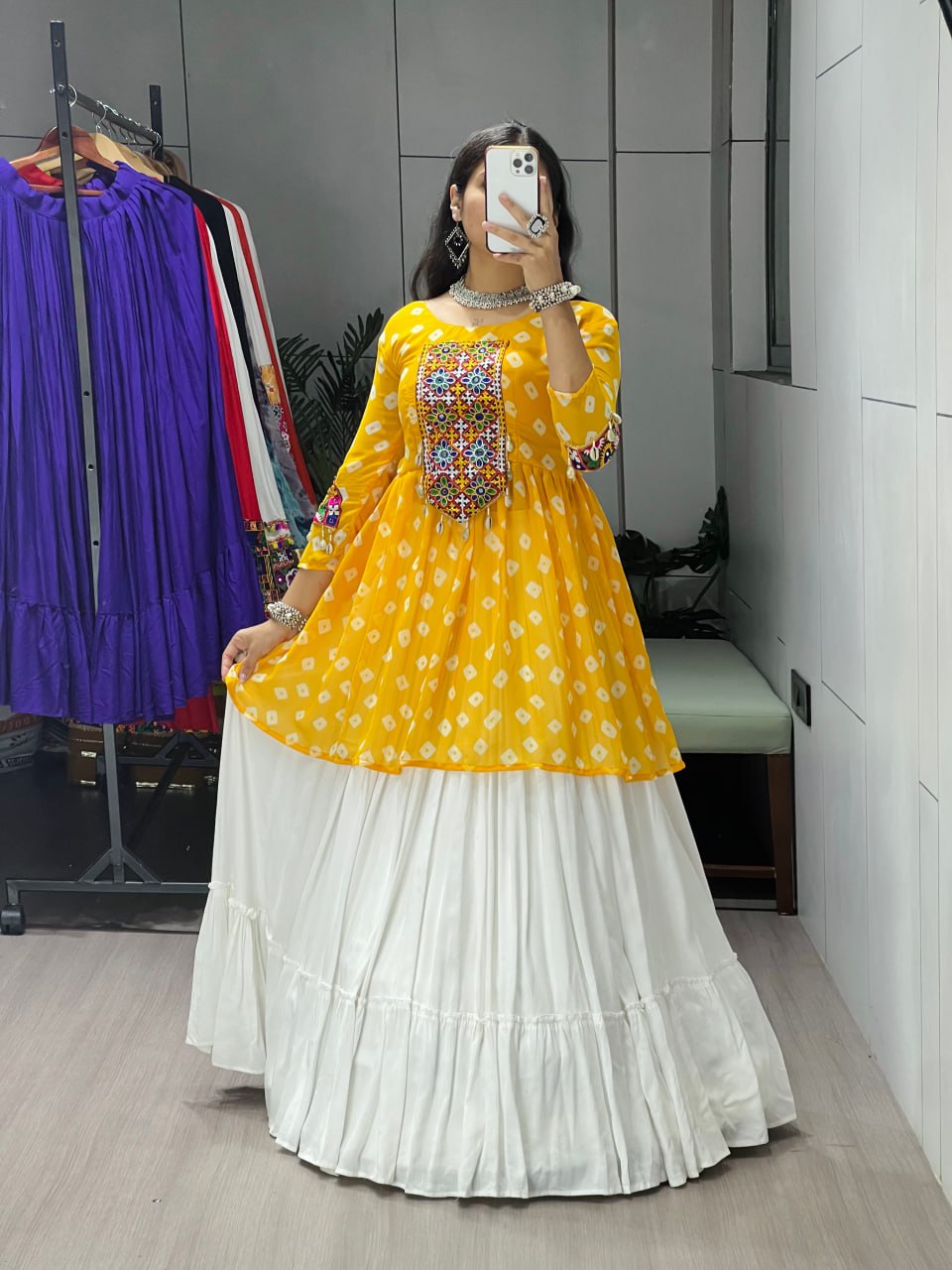 Mustard Yellow Leheriya Kediya Top with White Lehenga | Navratri Lehenga Set