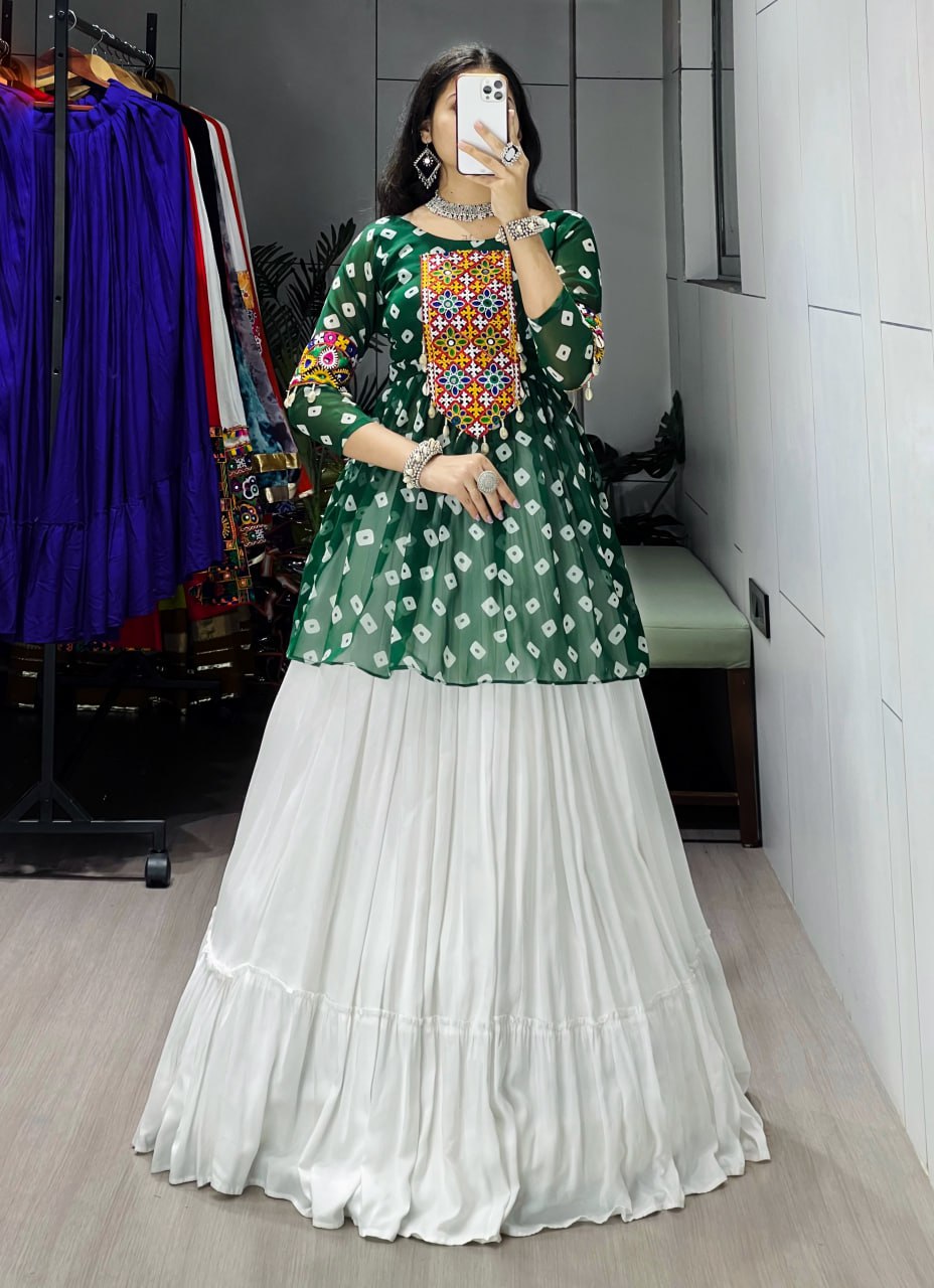 Emerald Green Leheriya Kediya Top with White Lehenga | Navratri Lehenga Set