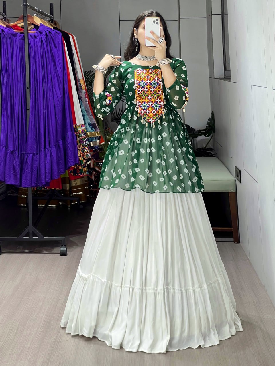 Emerald Green Leheriya Kediya Top with White Lehenga | Navratri Lehenga Set