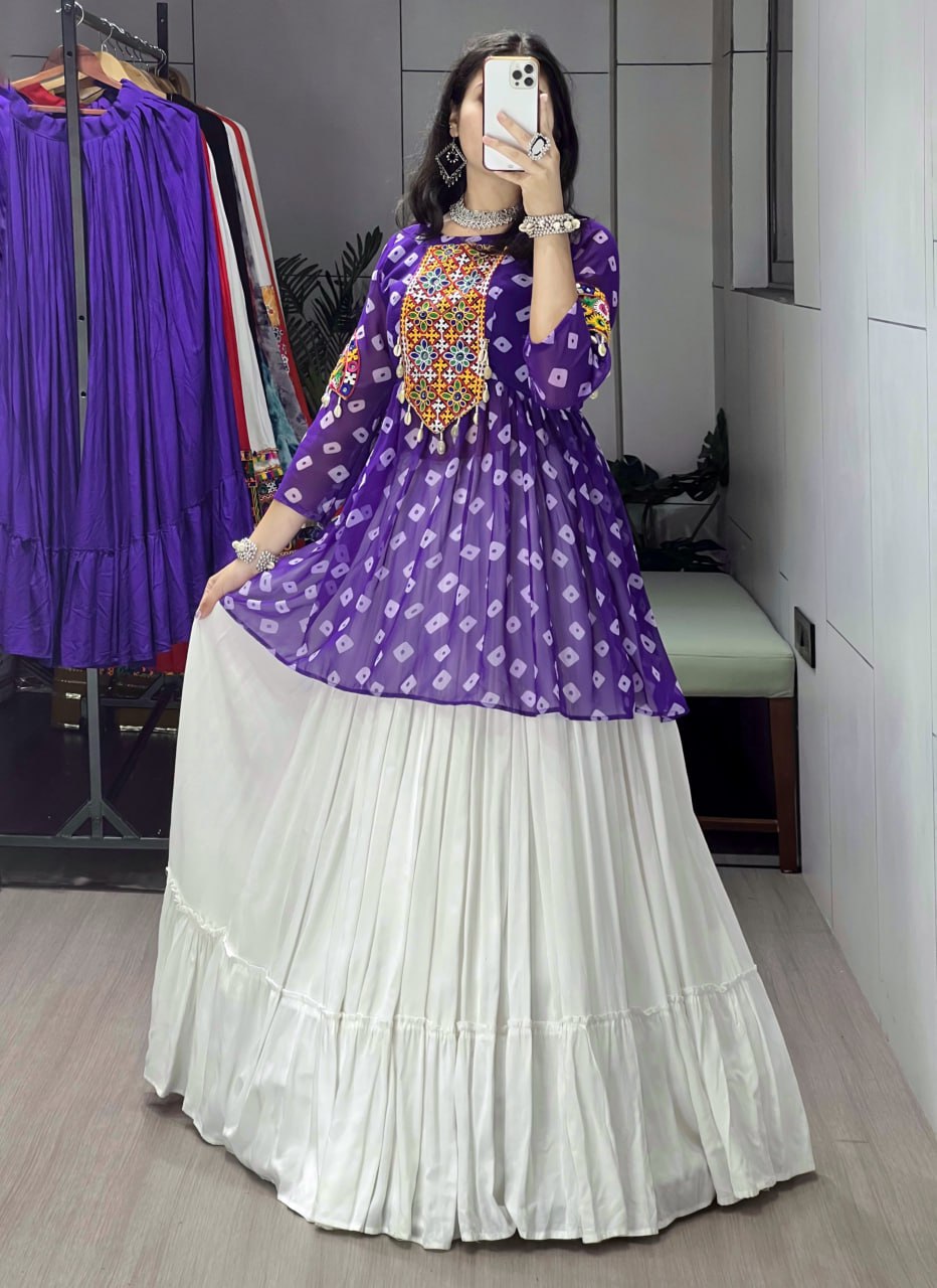 Royal Purple Leheriya Kediya Top with White Lehenga | Navratri Lehenga Set