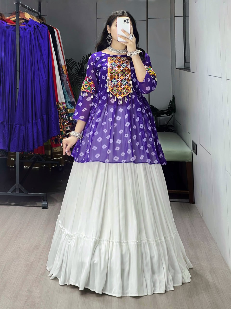 Royal Purple Leheriya Kediya Top with White Lehenga | Navratri Lehenga Set