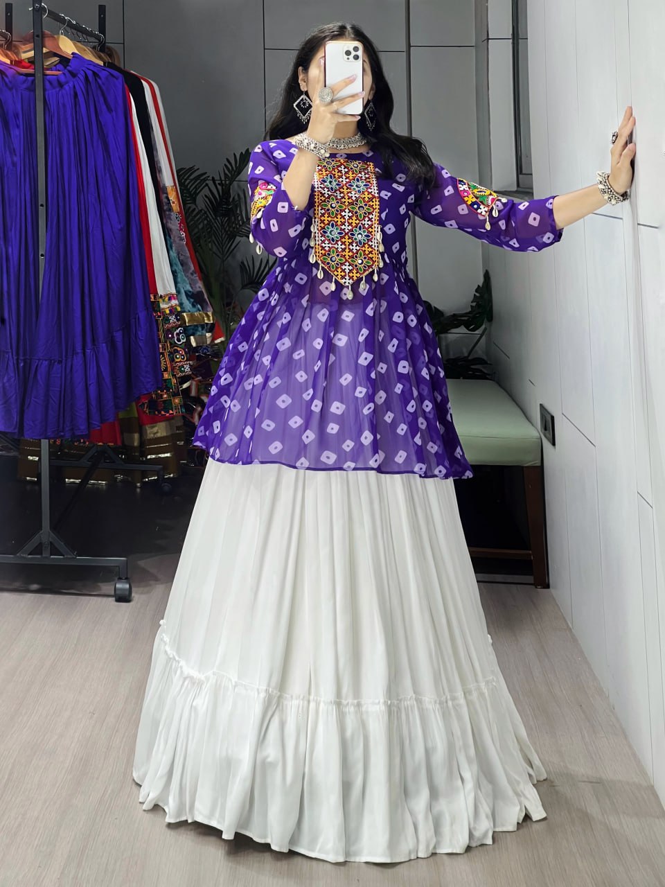 Royal Purple Leheriya Kediya Top with White Lehenga | Navratri Lehenga Set