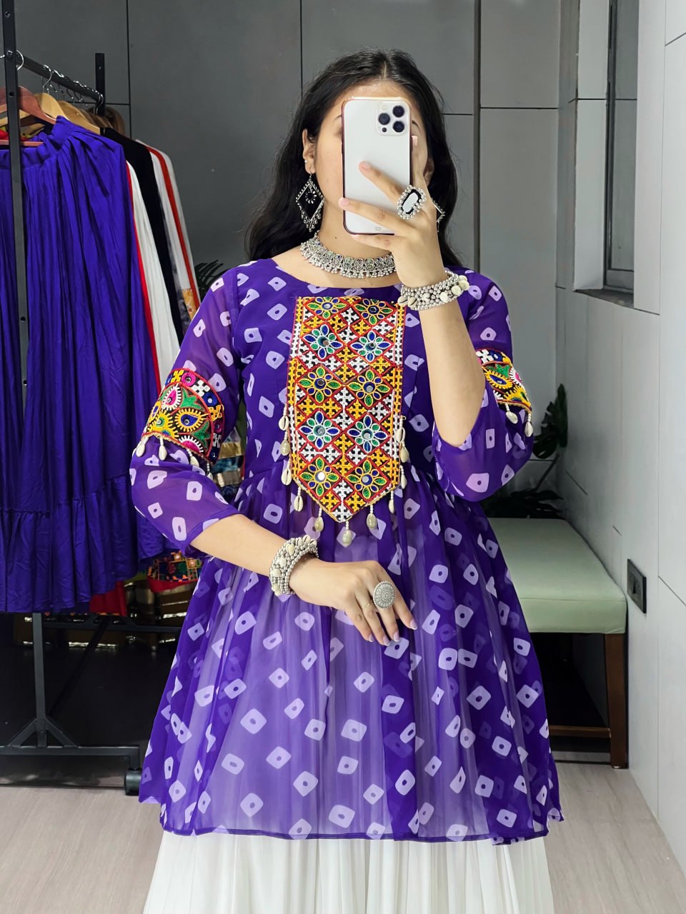 Royal Purple Leheriya Kediya Top with White Lehenga | Navratri Lehenga Set