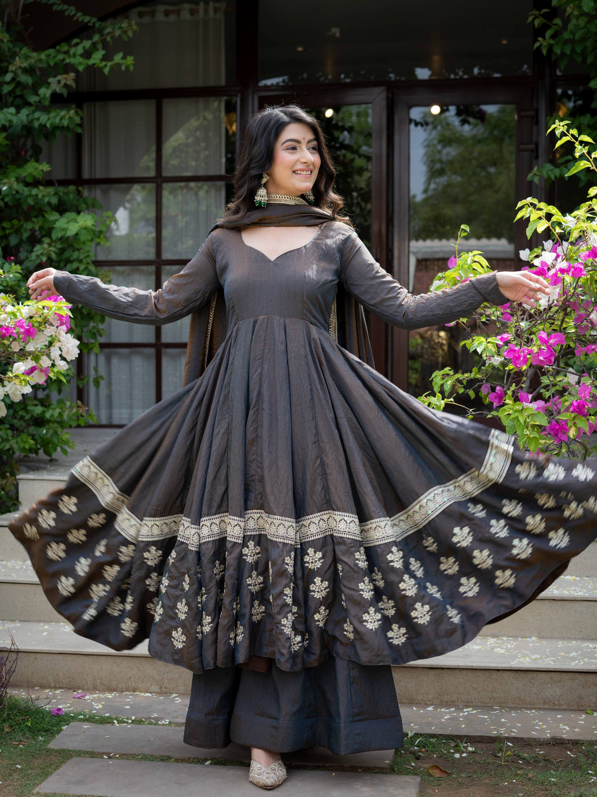 Charcoal Grey Vichitra Silk Embroidered Anarkali Suit Set