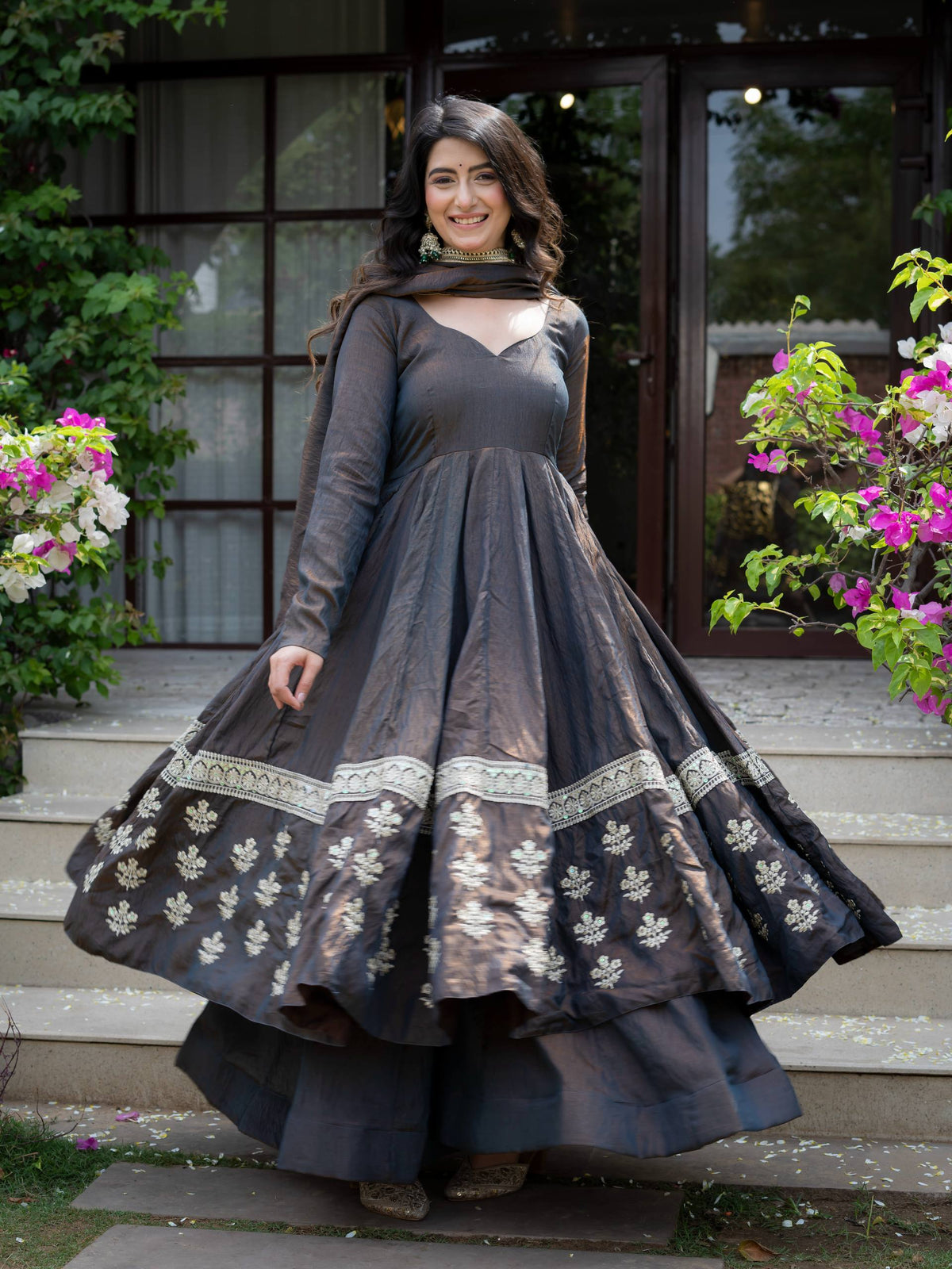 Charcoal Grey Vichitra Silk Embroidered Anarkali Suit Set