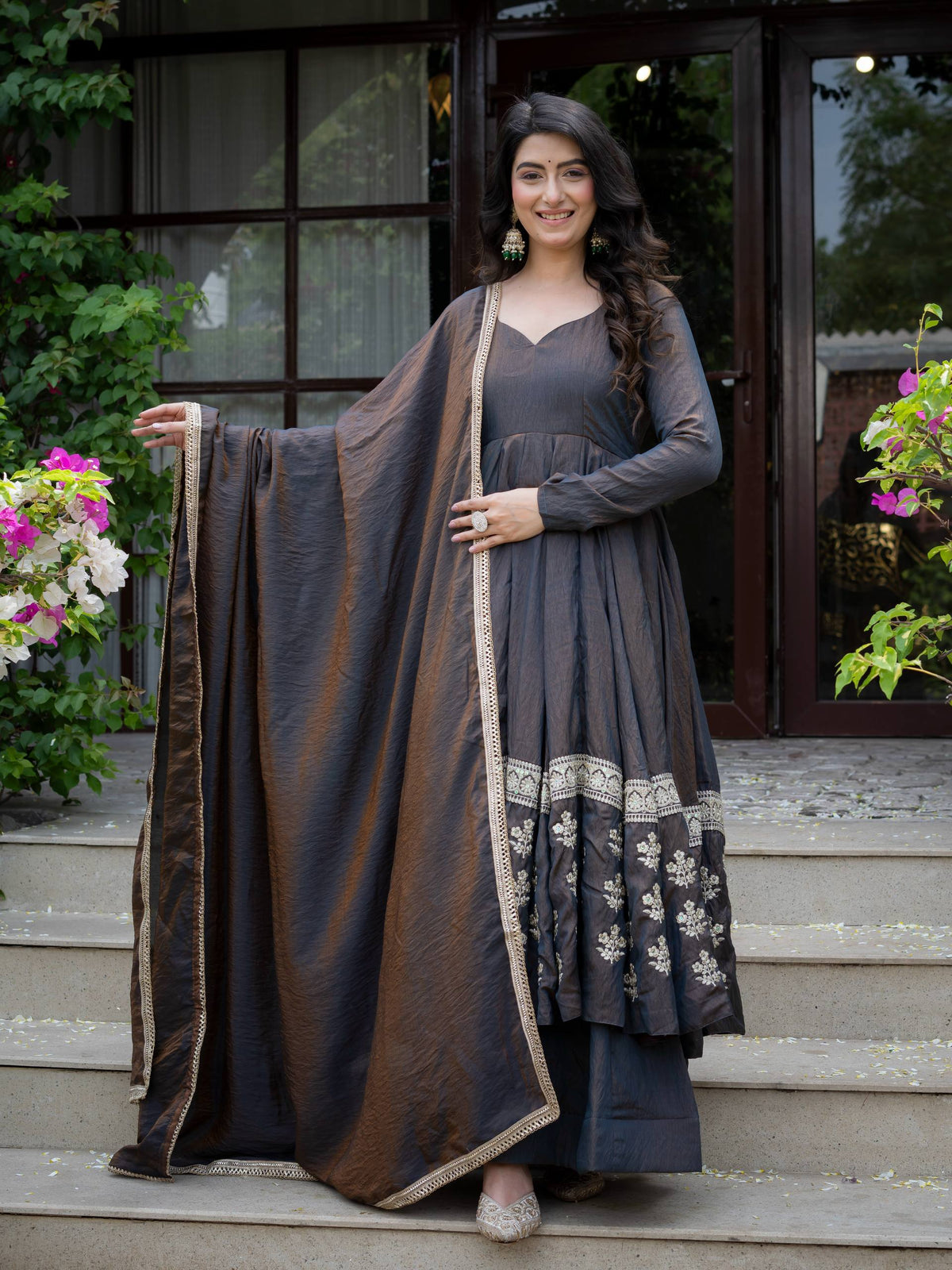 Charcoal Grey Vichitra Silk Embroidered Anarkali Suit Set