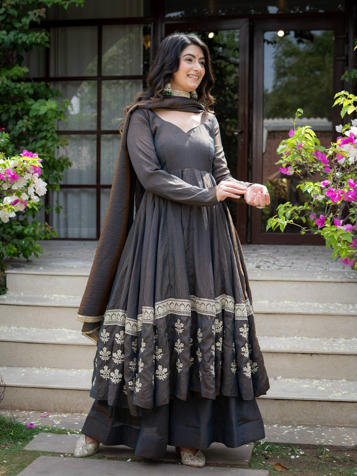 Charcoal Grey Vichitra Silk Embroidered Anarkali Suit Set
