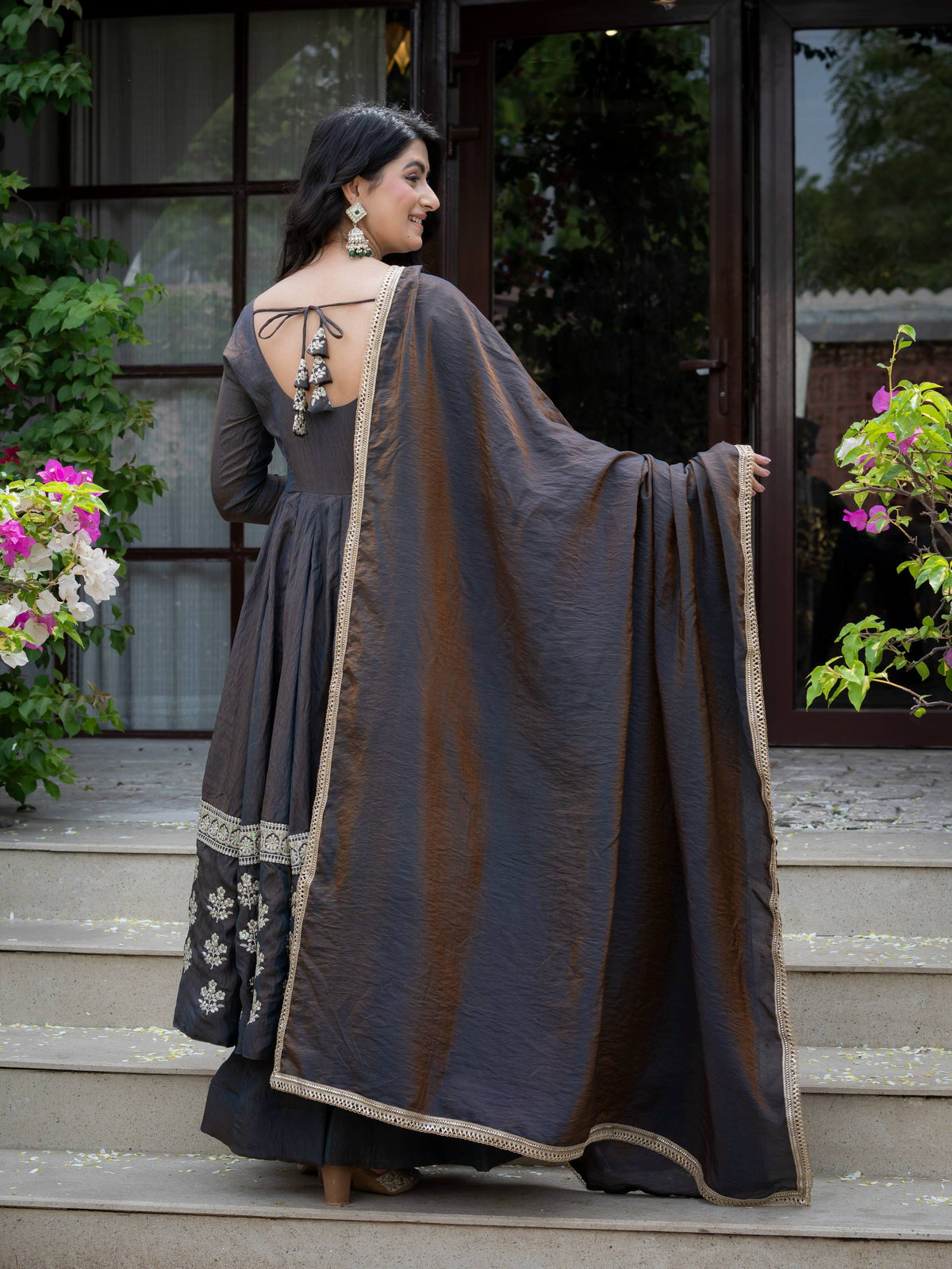 Charcoal Grey Vichitra Silk Embroidered Anarkali Suit Set