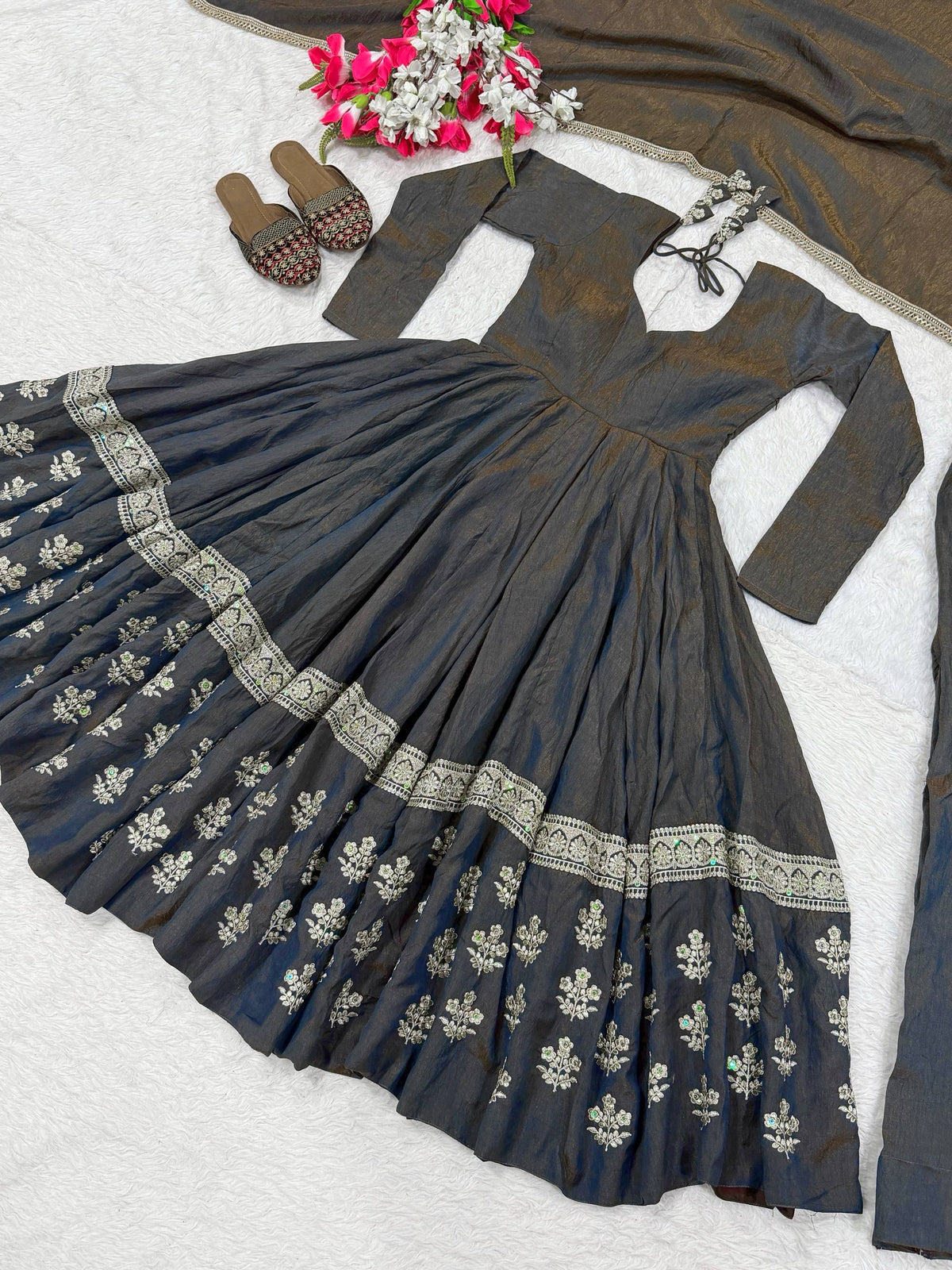 Charcoal Grey Vichitra Silk Embroidered Anarkali Suit Set