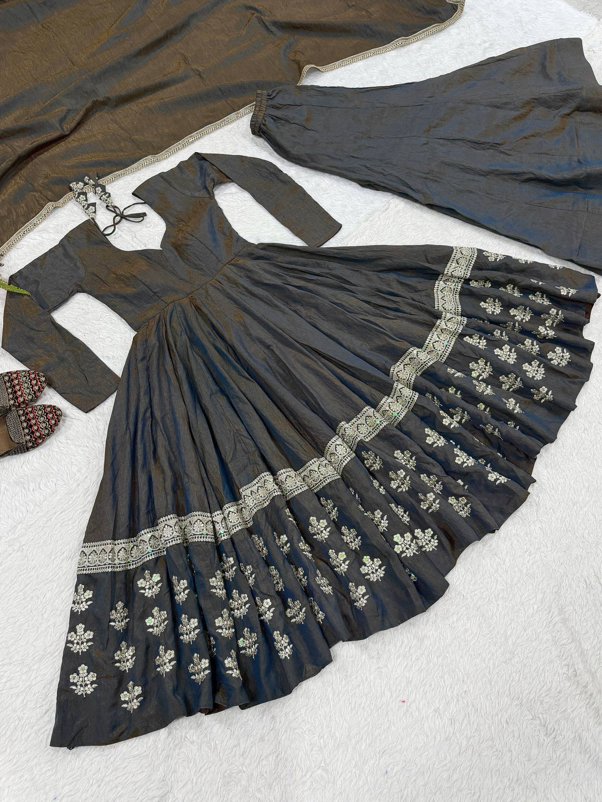 Charcoal Grey Vichitra Silk Embroidered Anarkali Suit Set