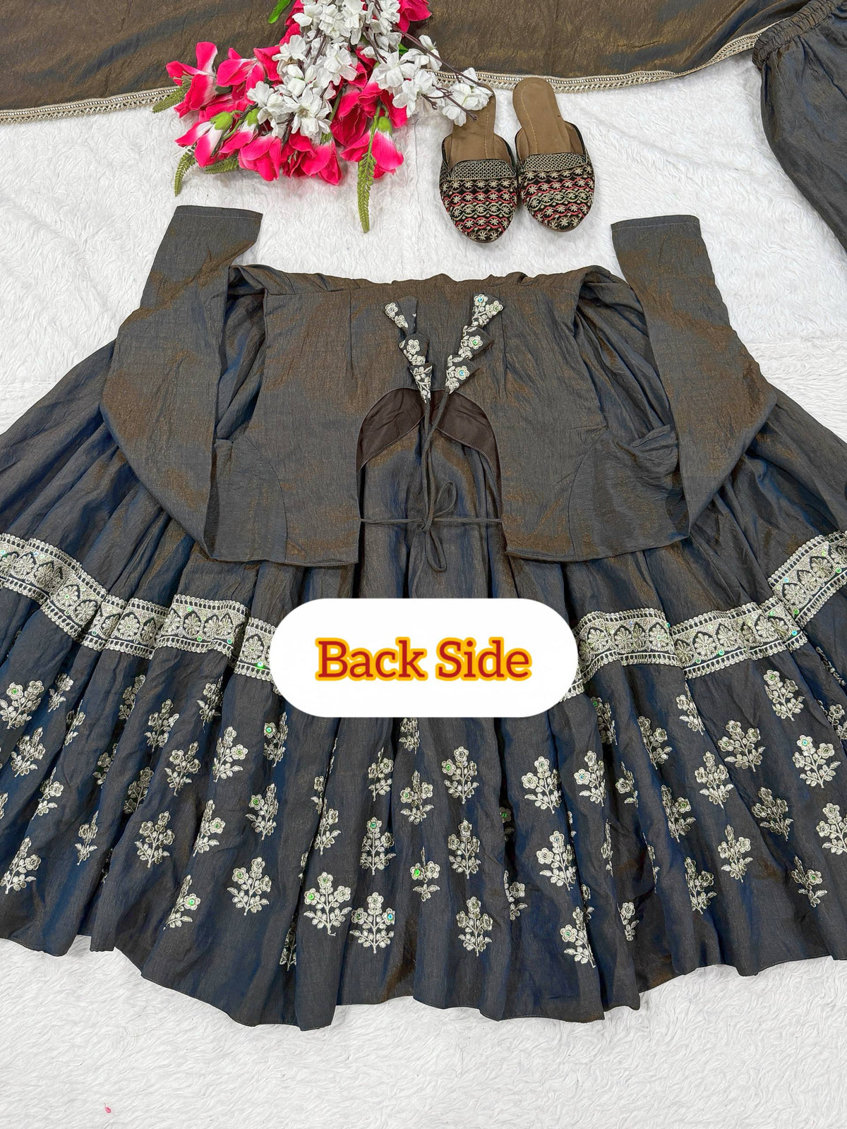 Charcoal Grey Vichitra Silk Embroidered Anarkali Suit Set