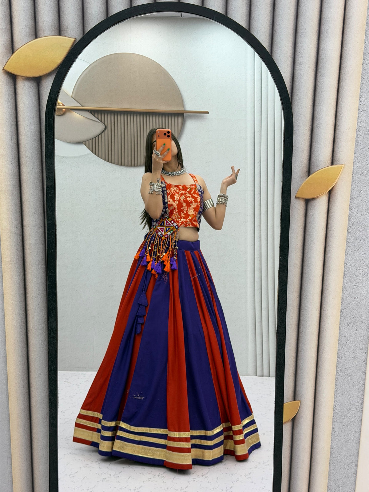 Royal Purple & Orange Cotton Lehenga Choli | 6 Meter Flair | Gamthi Work