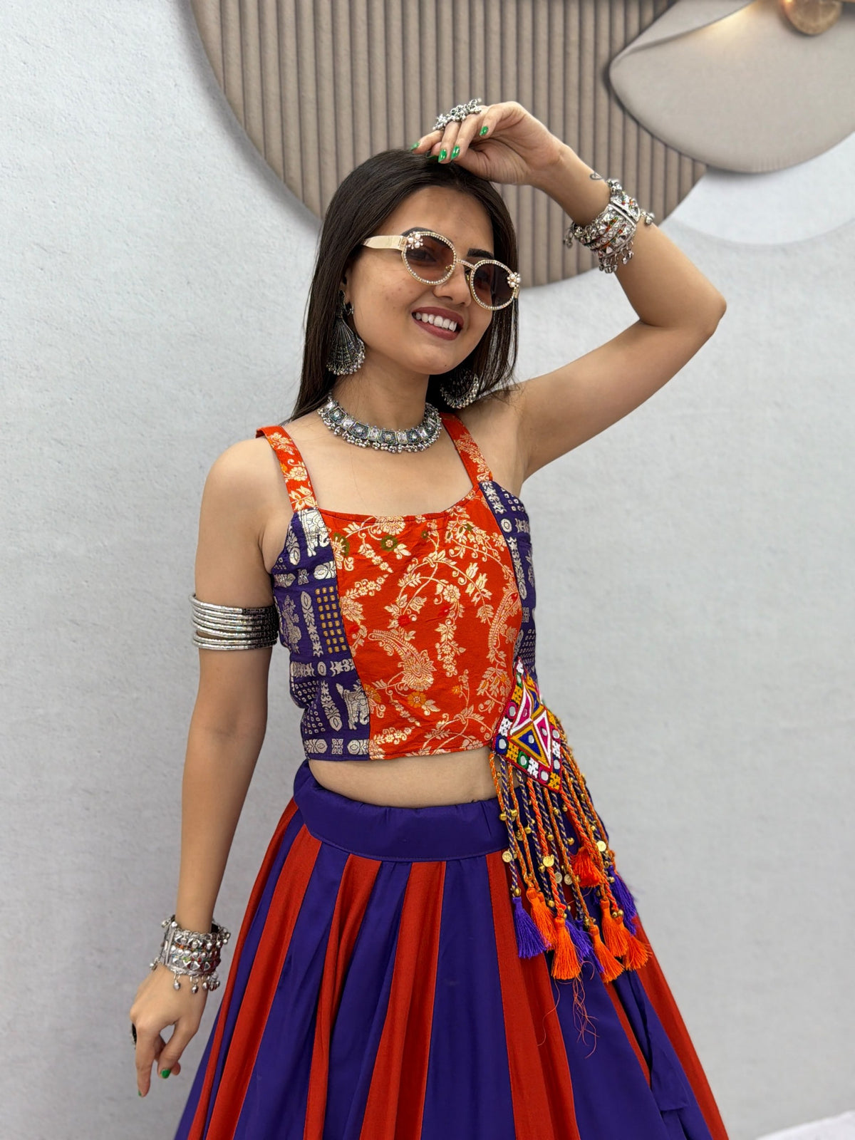 Royal Purple & Orange Cotton Lehenga Choli | 6 Meter Flair | Gamthi Work