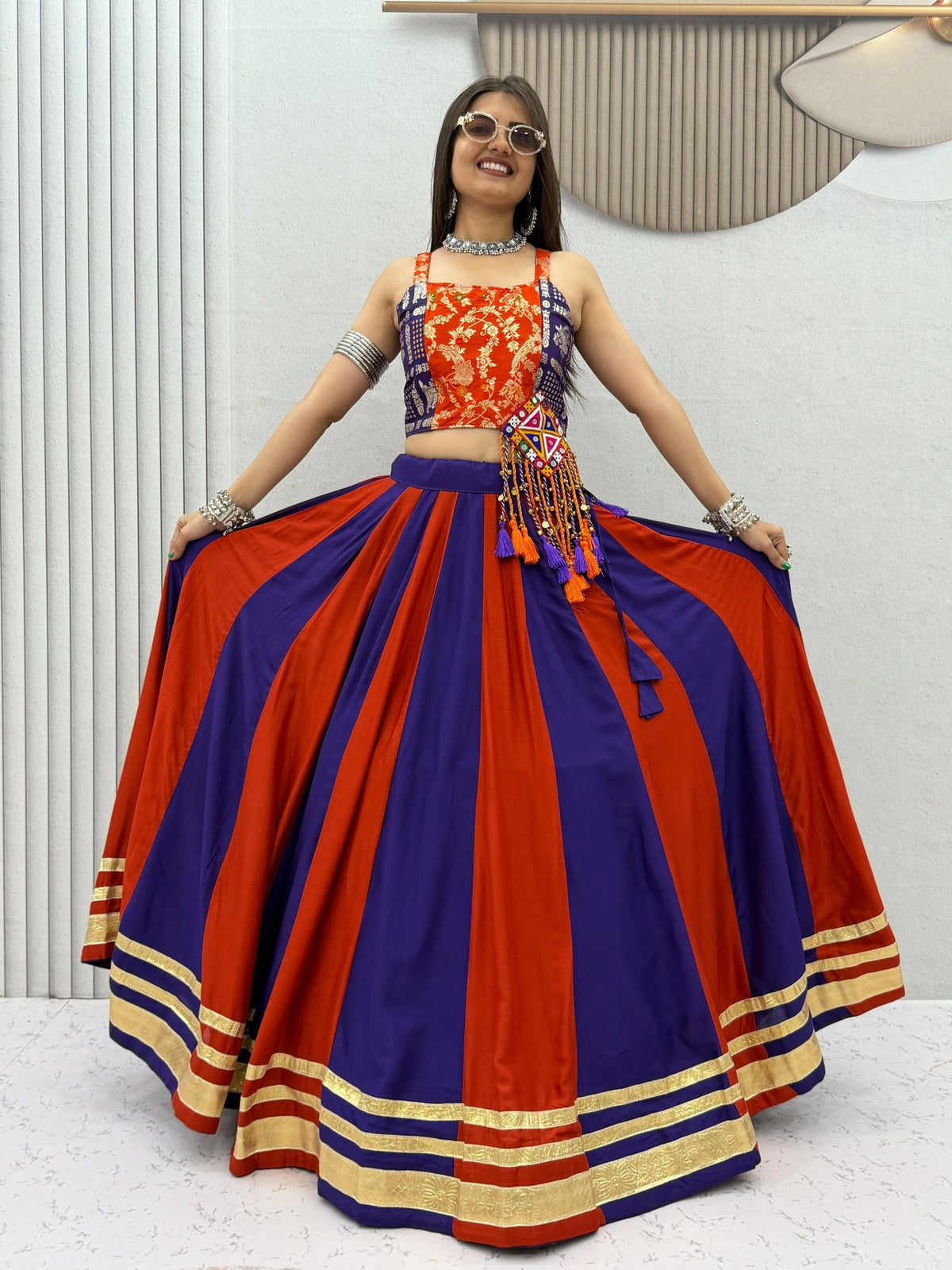 Royal Purple & Orange Cotton Lehenga Choli | 6 Meter Flair | Gamthi Work
