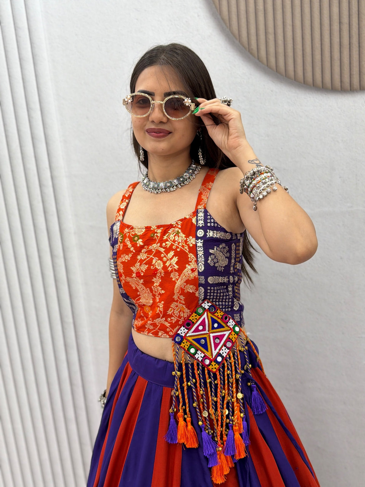 Royal Purple & Orange Cotton Lehenga Choli | 6 Meter Flair | Gamthi Work